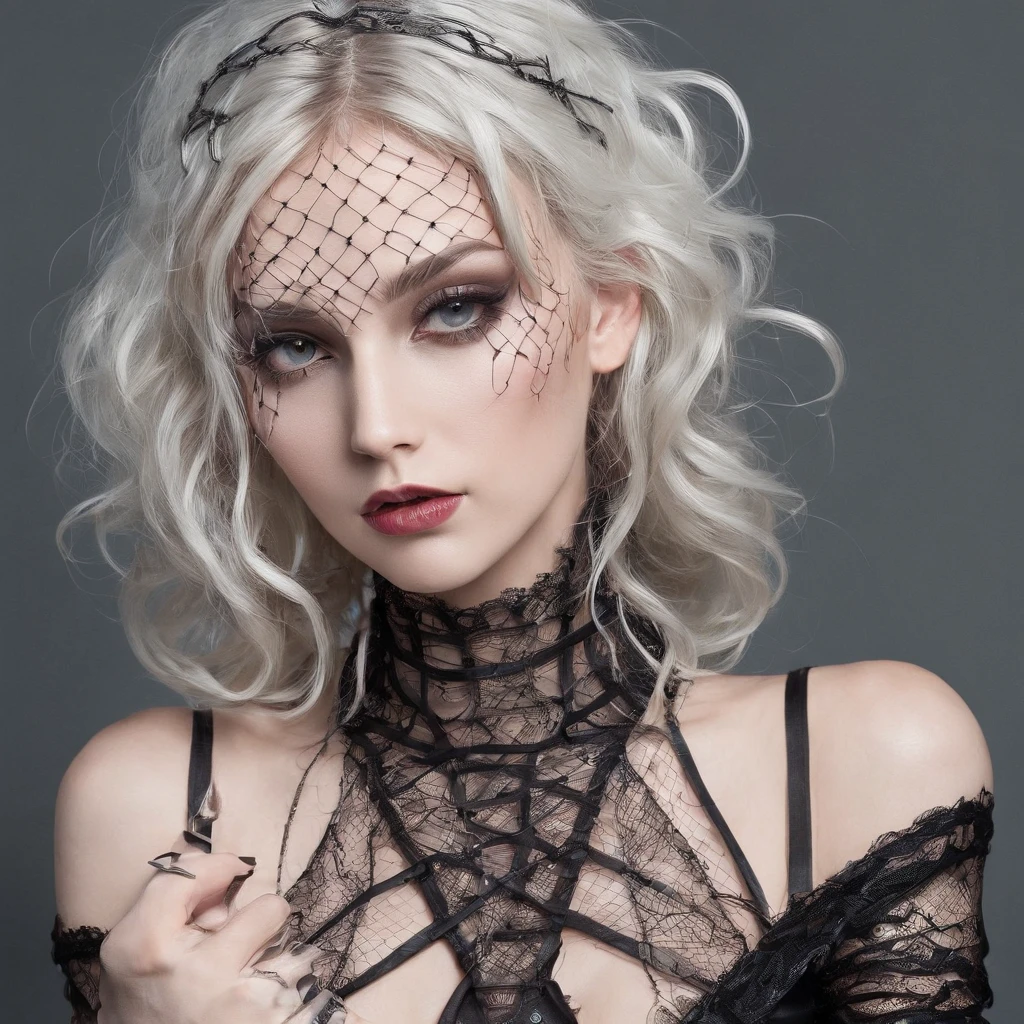 A gaunt woman with flowing white hair, her face painted in a grotesque parody of Victorian beauty. Her clothes, once lavish, now hang in tattered shreds, revealing raw flesh and bone beneath. Style: Dark gothic horror, with a touch of surrealism. Technical Considerations: Camera: High-resolution digital camera (e.g., Sony a7R IV) Lens: Telephoto lens (e.g., 70-200mm) for a haunting close-up effect. Lighting: Low-key lighting with a single, dramatic spotlight illuminating the woman's face from above. Focus: Selective focus with the woman's face and eyes in sharp detail, the background faded to a blur. Additional Touches: Use a vintage film grain effect to enhance the gothic atmosphere. Consider including subtle hints of decay in the background, like cobwebs or peeling wallpaper. Her makeup should be both elegant and disturbing, with cracked white foundation, dramatic black eyeliner extending into spiderweb-like designs, and blood red lipstick applied in a smeared fashion. Emphasize the eyes, with one eye a milky white and the other a piercing crimson, both reflecting a chilling vacancy. Her tattered clothing could be a mix of once-fine silks and lace, stained and ripped to reveal exposed bone or decaying muscle. Overall Tone: The image should evoke a sense of fear, revulsion, and morbid fascination. The woman's emaciated form and grotesque makeup shouldn't be overtly sexual, but rather create a sense of unnatural beauty and decay.