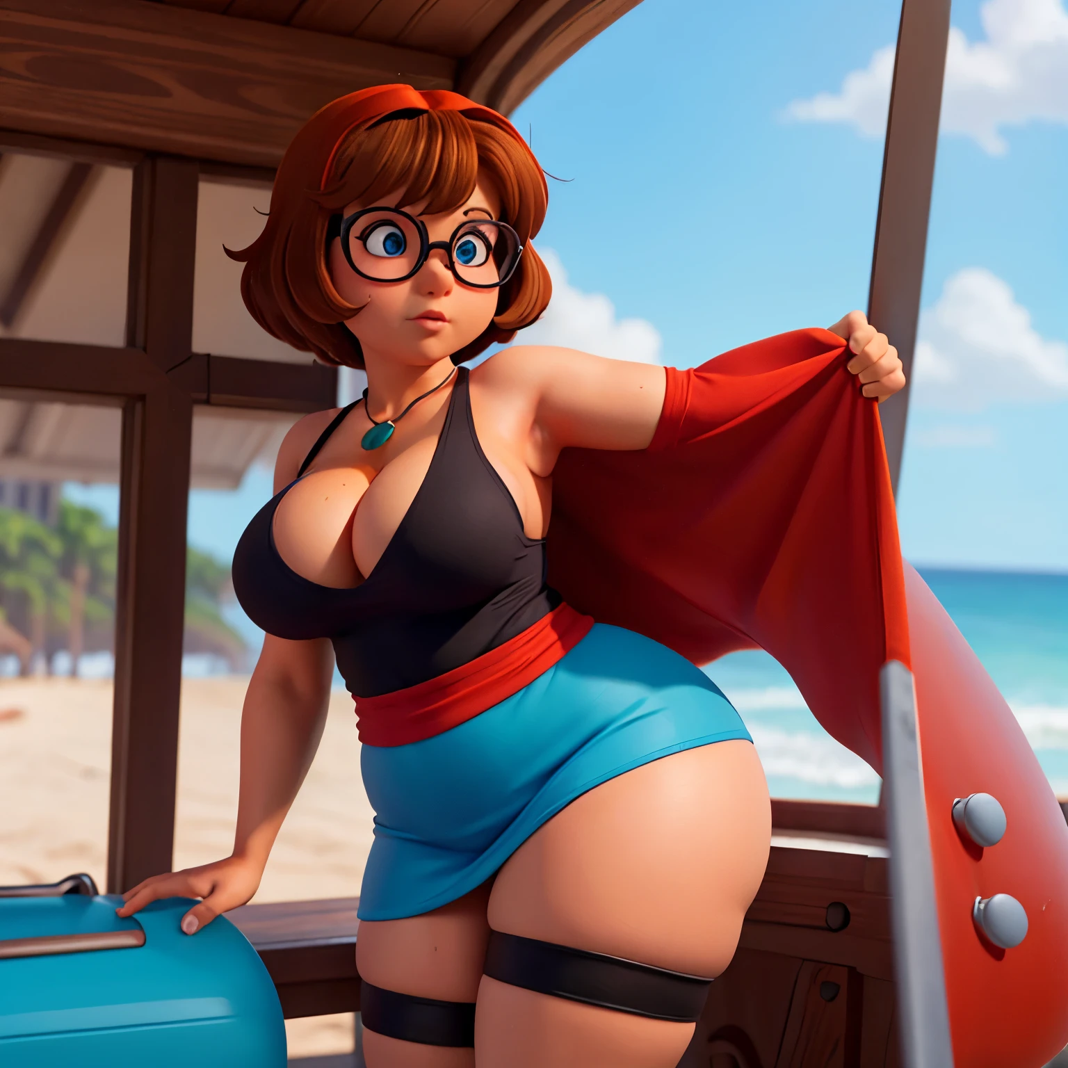 Velma(scooby-doo), chubby, brown messy hair, black glasses, blue eyes, large chest, wet orange tank-top(skin tight), boob window, cleavage, large waist, thicc, red short skirt, thicc thighs, red thigh high stockings, black high heels, beach background