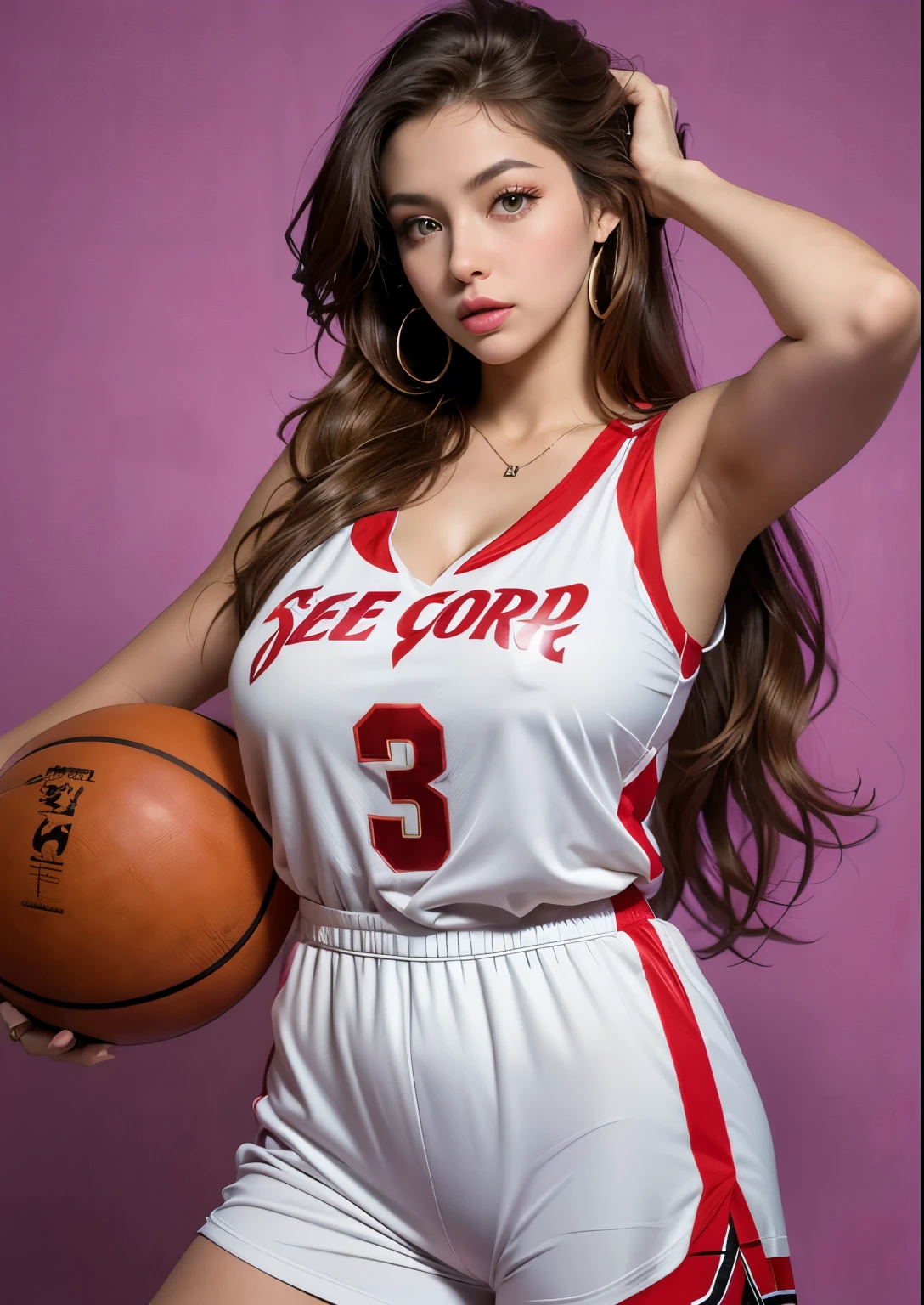 Psychedelic world、 basketball team uniform 、Cute sexy basketball team girl 、21 year old girls accentuated super huge enormously gigantic tits cleavage showing spreading her legs open sexy seductive slutty pose 、very long red hair、colorful vibrant background、basketball game background、perfect lighting、sharp focus、High definition、high resolution、High color rendering、High resolution、Super realistic、photo realistic