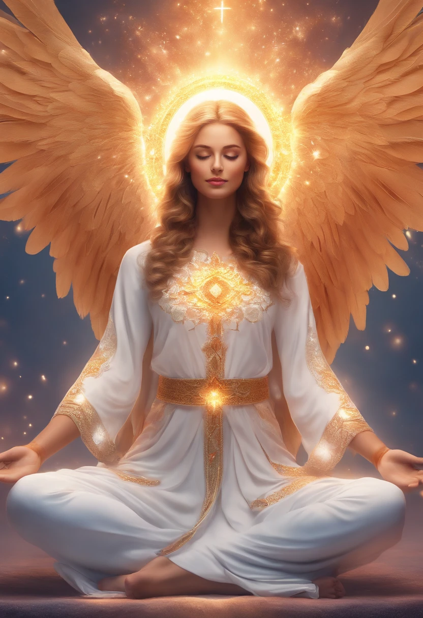Angel,White background, Meditate cross-legged, Very bright colors, Light particles, with light glowing, Mshiv, wallpaper art, UHD wallpaper, detailed, raw, 8k, smiling, happy