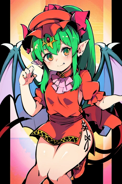 {{{{{{{{succubus}}}}}}}}, {{{{{{{{{{imp}}}}}}}}}},{{{{{}}}}}, {{{{{devil wings}}}}, {{{demon tail}}}, {{devil horns}}, 1girl, {{{{{solo girl}}}}}, monster girl,Flandre Scarlet, jewelry wing, (pointy ear:0.5), short ears, hat, White hat, Short sleeves, Puffy sleeves,,yTiki_fe,