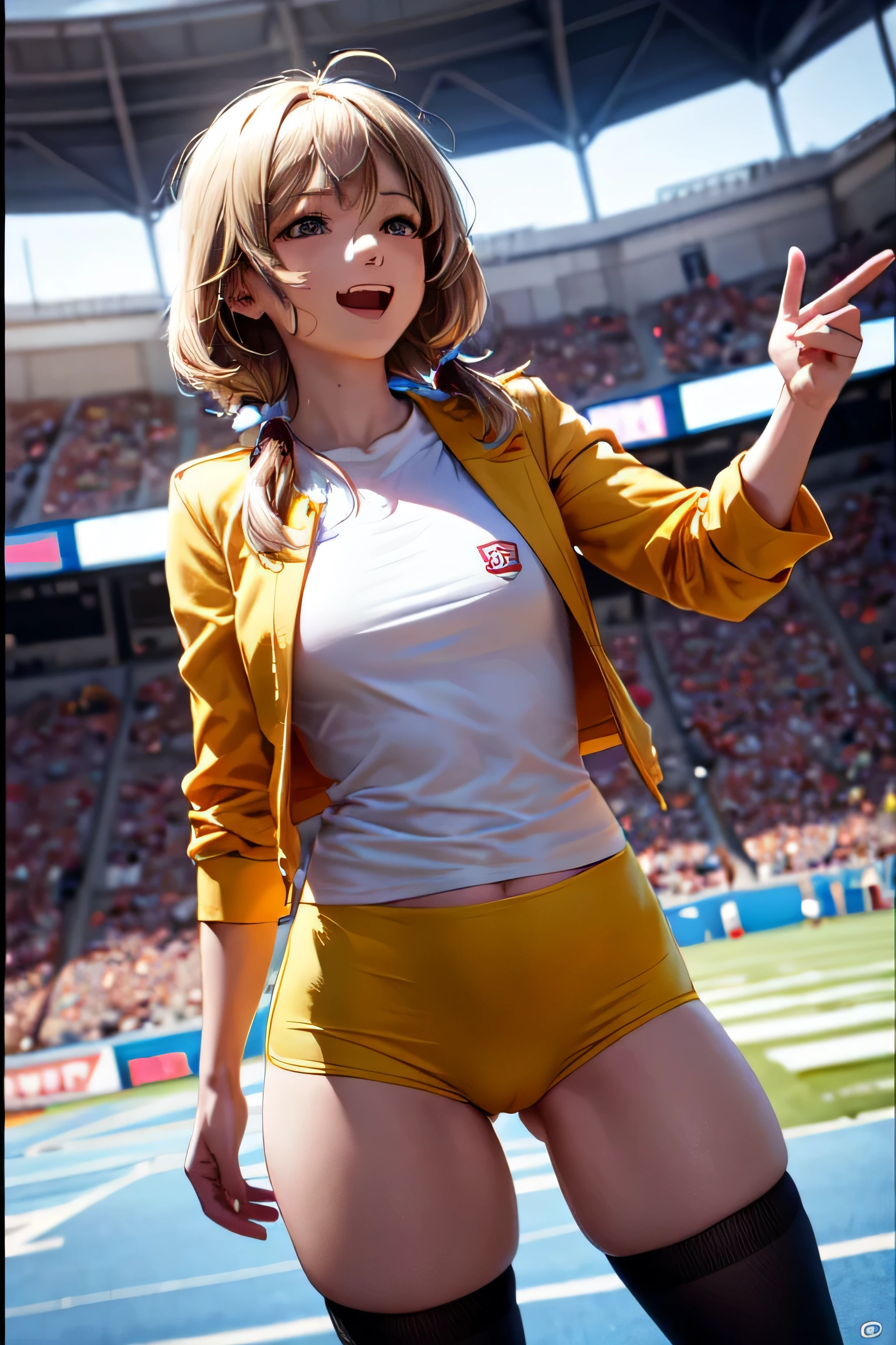 chica animadora muy linda y hermosa,(hermoso rostro muy detallado),(sosteniendo pompones:1.1),(laugh),
(gradas del estadio),tiro de vaquero,dynamic pose,bragas blancas con cordones,(camisa naranja sin mangas),bonitas piernas,mirando al espectador,PELO NEGRO,
(Mejor calidad,obra maestra:1.0),absurdos,high resolution,ultra detallado,Extremadamente detallado,32k,8k resolution,
Detalles intrincados,movie scene,antecedentes detallados,solo,dynamic angle,
cabello ondeando al viento,hermoso cielo detallado,