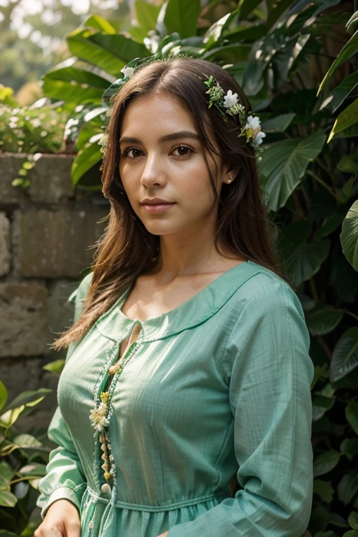 (obra de arte, Melhor qualidade),1 garota com longos cabelos brancos sentada em um campo de plantas e flores verdes, the hand under his chin, warm lighting, vestido branco, primeiro plano desfocado