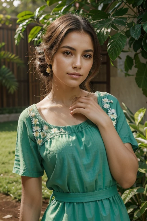 (obra de arte, Melhor qualidade),1 garota com longos cabelos brancos sentada em um campo de plantas e flores verdes, the hand under his chin, warm lighting, vestido branco, primeiro plano desfocado
