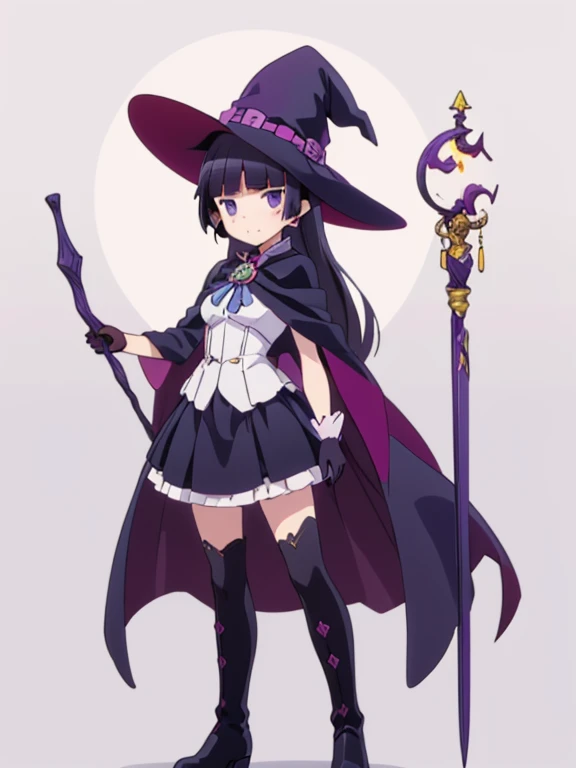 (masterpiece, highest quality:1.1), magician , 1 girl, alone, witch hat, gloves, dress, medium breasts, black costume、((long skirt))、boots, cape, staff, black socks, witch, ((ruri gokou)), anime style,