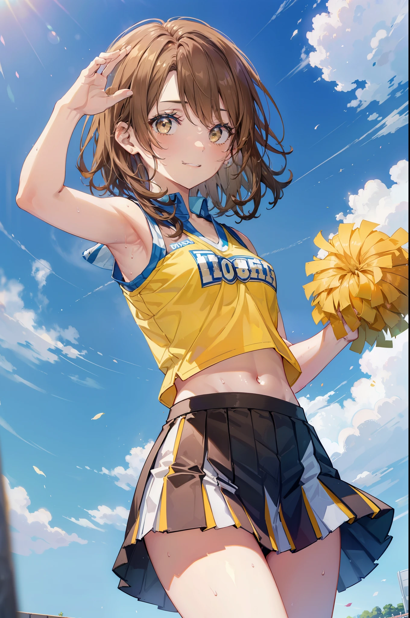 irohaisshiki, iroha isshiki, short hair, brown hair, (brown eyes:1.5), smile,happy smile, smile, open your mouth,(cheer leading), (whole body), medium chest, (sweaty), sweaty Wet Clothes, (yellow clothes),Yellow pleated skirt,sneakers , Navel support, playground, (jump), (jump), 足を曲げてjumpする, air, blue sky, Grass原, smile
チアリーダー, pom pom \(cheer leading\), Grass, smile,
break outdoors,stadium,
break looking at viewer,(cowboy shot:1.5),
break (masterpiece:1.2), highest quality, High resolution, unity 8k wallpaper, (figure:0.8), (detailed and beautiful eyes:1.6), highly detailed face, perfect lighting, Very detailed CG, (perfect hands, perfect anatomy),