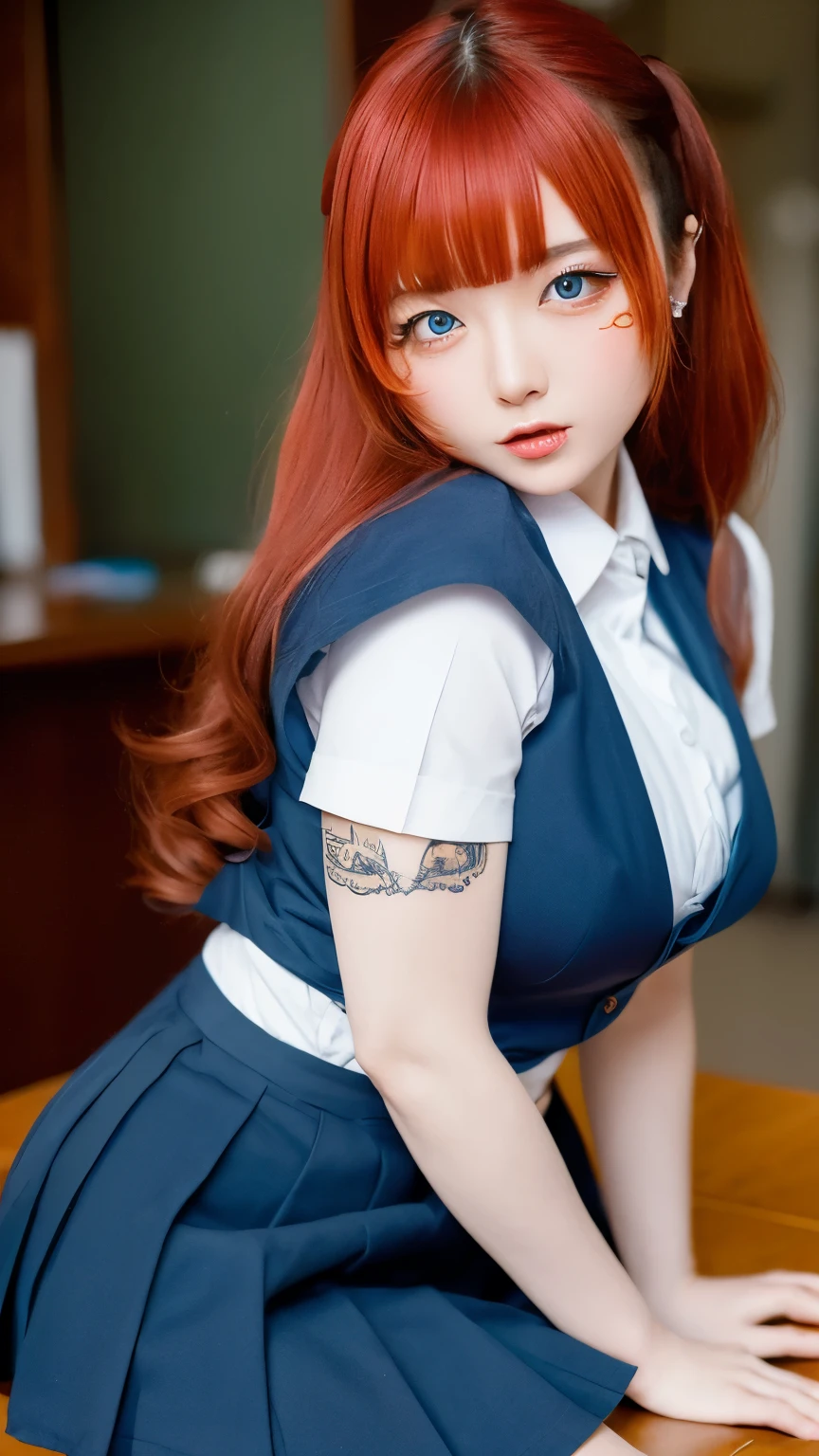 table top, highest quality, very delicate sexy and beautiful mature 21-year-old, very delicate and beautiful, world masterpiece theater, super detailed, very detailed, school girl uniform and school girl skirt, highest quality, red hair, High resolution, very detailed,1 girl, highest quality, curvy figure, tattoo sleeves and piercings, accentuated super huge enormously gigantic tits, looking at the viewer, material, canvas, oil, genuineistic, realist ,genuine,