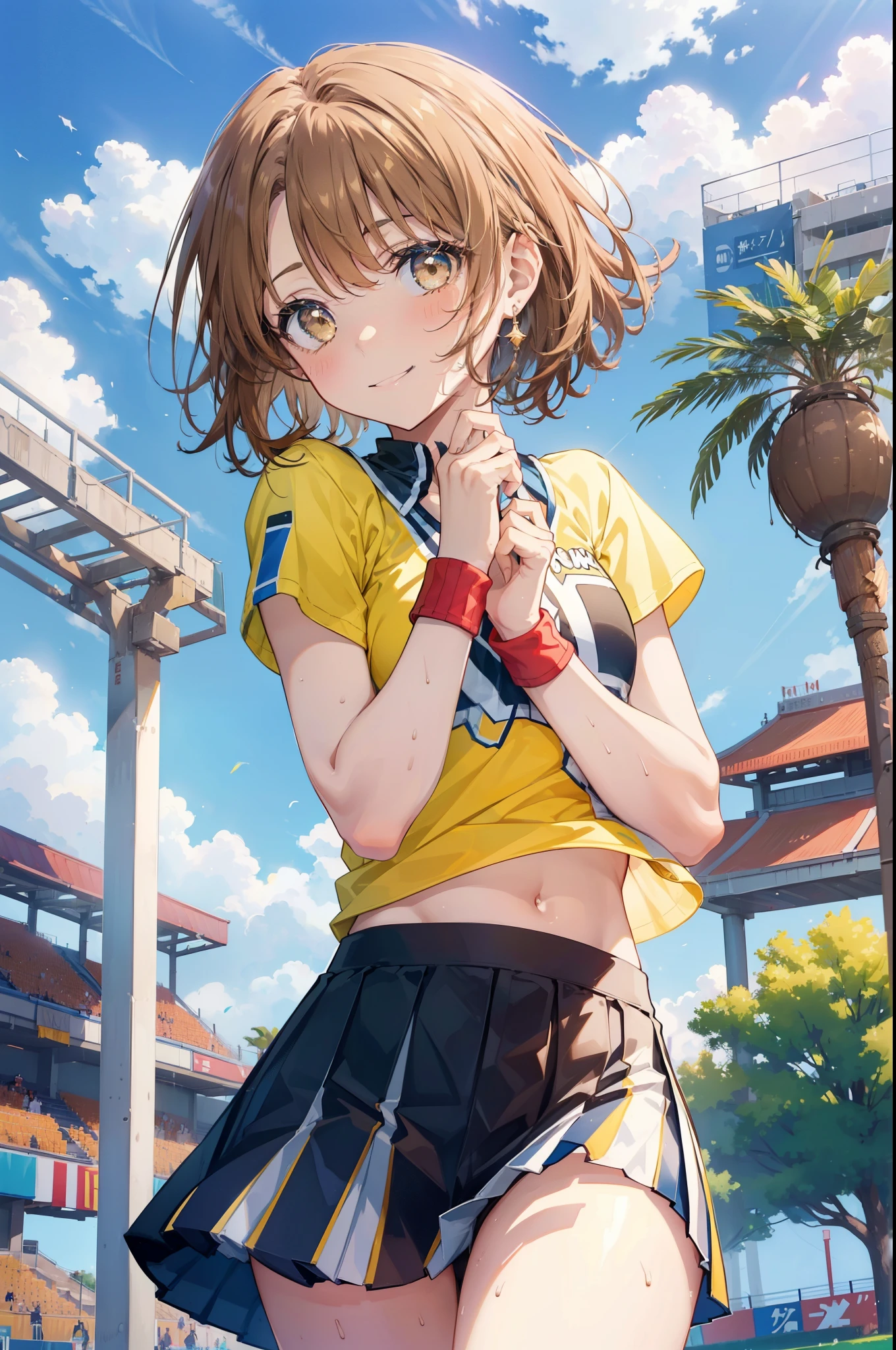 irohaisshiki, iroha isshiki, short hair, brown hair, (brown eyes:1.5), smile,happy smile, smile, open your mouth,(cheer leading), (whole body), medium chest, (sweaty), sweaty Wet Clothes, (yellow clothes),Yellow pleated skirt,sneakers , Navel support, playground, (jump), (jump), 足を曲げてjumpする, air, blue sky, Grass原, smile
チアリーダー, pom pom \(cheer leading\), Grass, smile, 
break outdoors,stadium,
break looking at viewer,(cowboy shot:1.5),
break (masterpiece:1.2), highest quality, High resolution, unity 8k wallpaper, (figure:0.8), (detailed and beautiful eyes:1.6), highly detailed face, perfect lighting, Very detailed CG, (perfect hands, perfect anatomy),