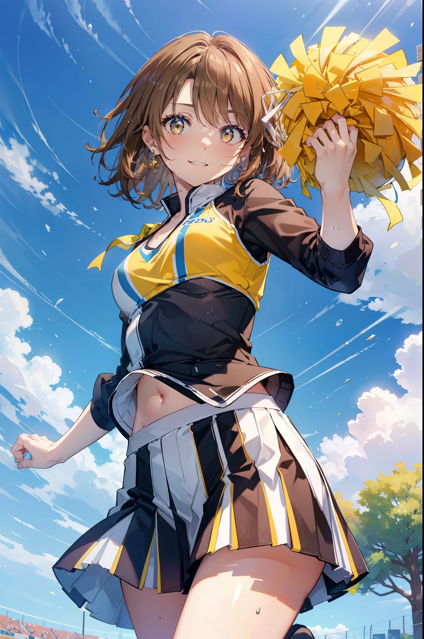 irohaisshiki, iroha isshiki, short hair, brown hair, (brown eyes:1.5), smile,happy smile, smile, open your mouth,(cheer leading), (whole body), medium chest, (sweaty), sweaty Wet Clothes, (yellow clothes),Yellow pleated skirt,sneakers , Navel support, playground, (jump), (jump), 足を曲げてjumpする, air, blue sky, Grass原, smile
チアリーダー, pom pom \(cheer leading\), Grass, smile,
break outdoors,stadium,
break looking at viewer,(cowboy shot:1.5),
break (masterpiece:1.2), highest quality, High resolution, unity 8k wallpaper, (figure:0.8), (detailed and beautiful eyes:1.6), highly detailed face, perfect lighting, Very detailed CG, (perfect hands, perfect anatomy),