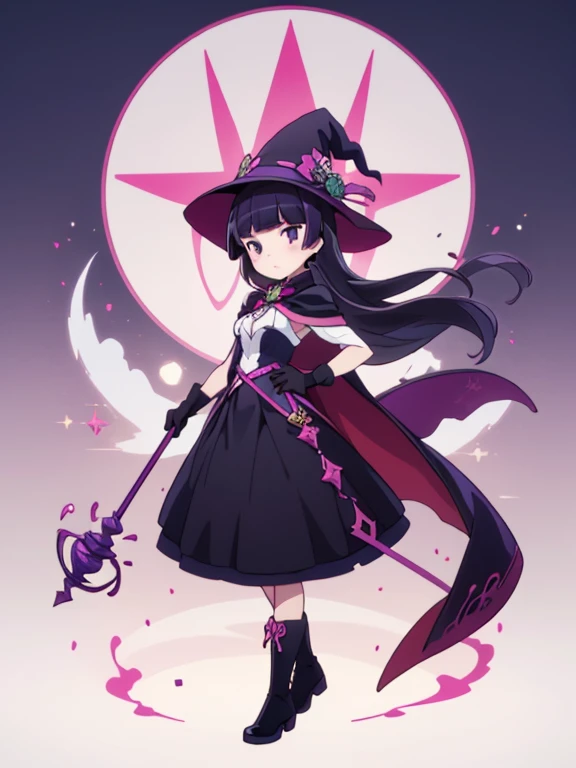 (masterpiece, highest quality:1.1), magician , 1 girl, alone, witch hat, gloves, dress, medium breasts, black costume、((long skirt))、boots, cape, staff, black socks, witch, ((ruri gokou)), anime style,