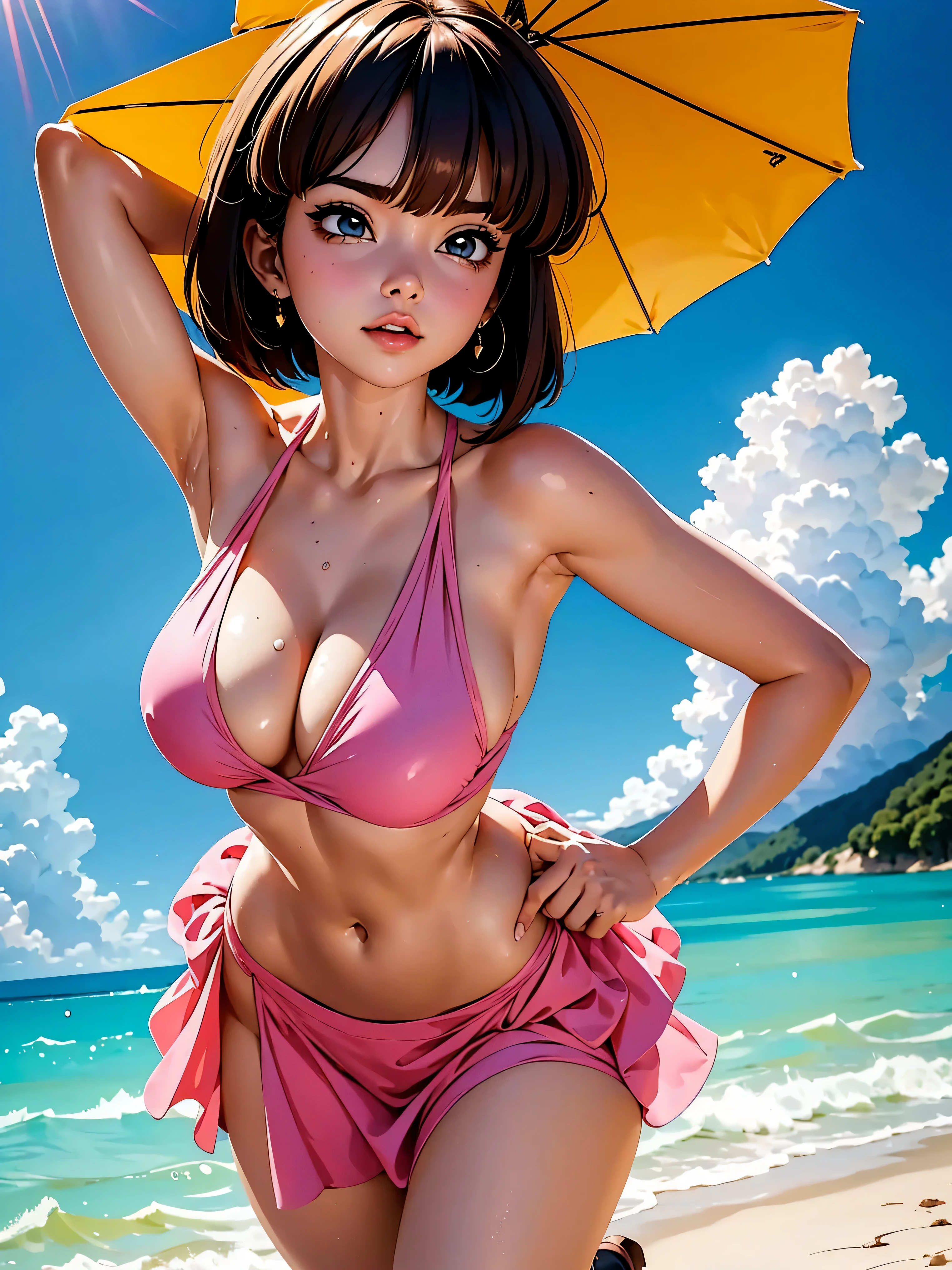 Short brown hair anime girl with pink dress and sunglasses, sunglasses, 15 anos, corpo bonito, seios grandes, with hands behind head, running your hands through your hair, Garota sexy, cabelo curto castanho, mechas de cabelo laterais, mechas de cabelo na lateral do rosto, beautiful lighting, sombras suaves, olhos castanhos, pernas bonitas, cabelo curto, estilo anime, Ranma Chan, Autora Rumiko Takahashi, Baseado em obra de Rumiko Takahashi, Anime Ranma 1/ 2, decote sexy, quadril robusto, corpo inteiro, corpo inteiro, busto grande, garota jovem com corpo belo e bonito, boots on feet, garota 15 anos jovem baixa estatura, wearing a pink dress and sunglasses, sunglasses, garota anime, estilo anime, feet with black boots, front view angle, ao ar livre, postura ereta, corpo em postura reta, olhos grandes