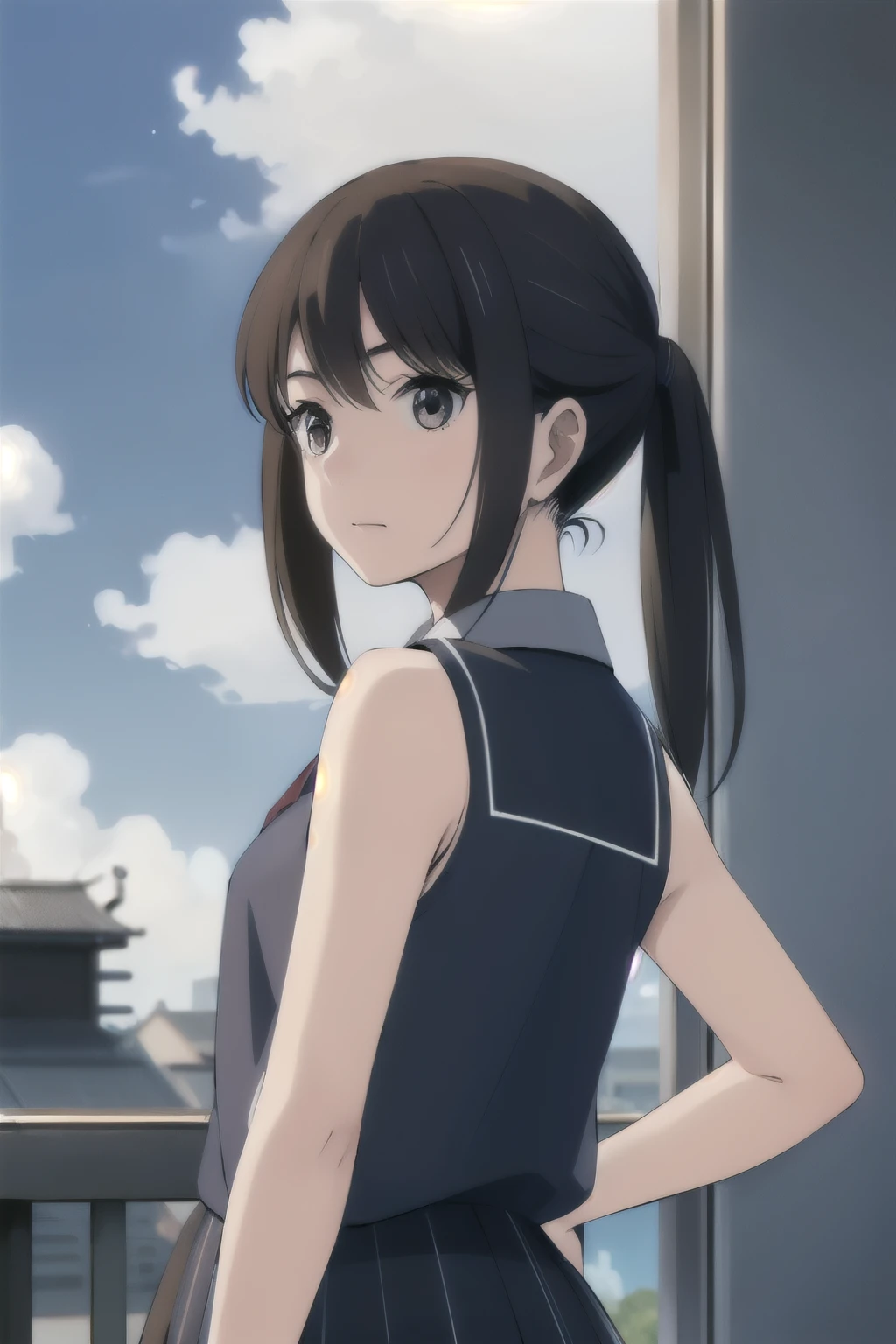 A school girl in sky,sleeveless middy uniform