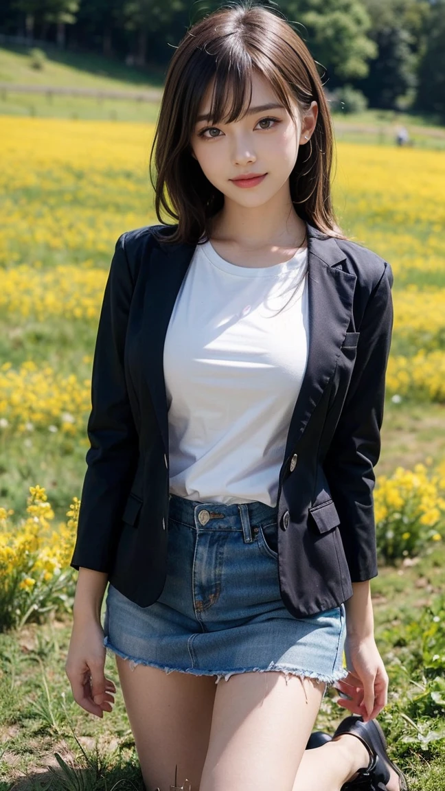 Top-quality Realistic,Unity,8k wallpaper,Official art,Highly detailed CG Unity 8k wallpaper,ultra-detailliert,hight resolution,Physically-based rendering,ultra detailliert,Magnificat,finely detail,masterpiece,Best Quality,ultra-detailliert ,ultra detailed,Mature beauty,Beautiful girl,1girl,moist lips,sexy lips,Sexy smile,Gentle smile, 18 years old, Beautiful bare skin,Smooth bare skin, big well-shaped breasts,beautiful cleavage, swept bangs,(Medium hair:1.3), beautiful detailed eye model shoot style,Japanese Idol,beautiful girl,Half-body,Model photo shoot,standing position,(In natural park),(Lying on a picnic sheet spread out in a field of rape blossoms),BREAK,(blazer over White t-shirt:1.3),(checked mini skirt:1.3),model pose,sexy smile,by the Icelandic poppies,standing model pose,close up to face,NSFW,shoot from below,standing on the ground, Kneeling pose, breast hold