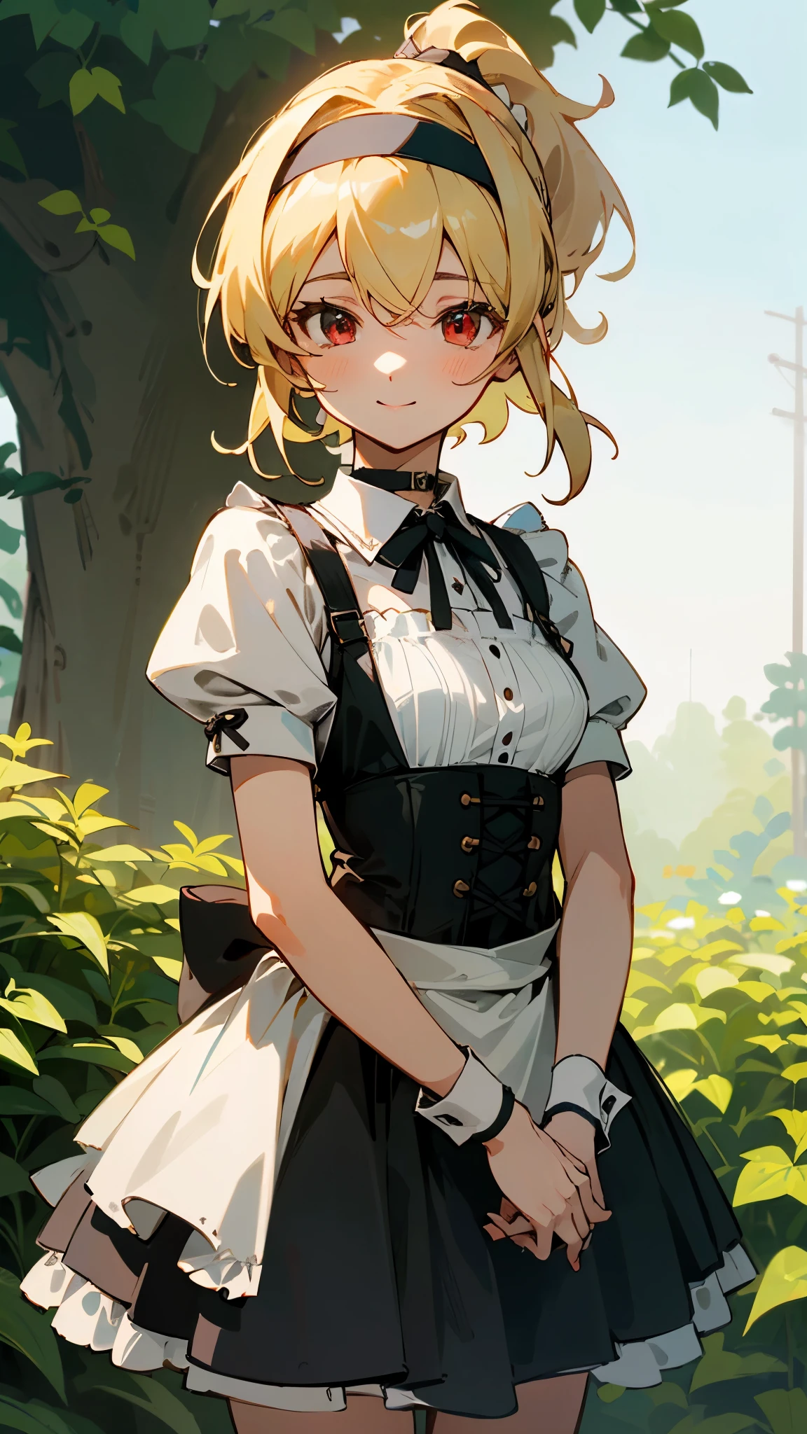 very delicate、1 beautiful girl、highest quality、masterpiece、super detailed illustrations、cowboy shot、the most knowledgeable girl、shiny、outdoor、garden、bright、cinematic lighting、junior、perfect female body、low length、short hair、air bang、long bangs between eyes、blonde hair、ponytail、smile、round face、beautiful red eyes、colored skin、small breasts、Black shirred maid dress、apron、black corset with straps、headband、Choker Ribbon、cufflinks、sharp outline