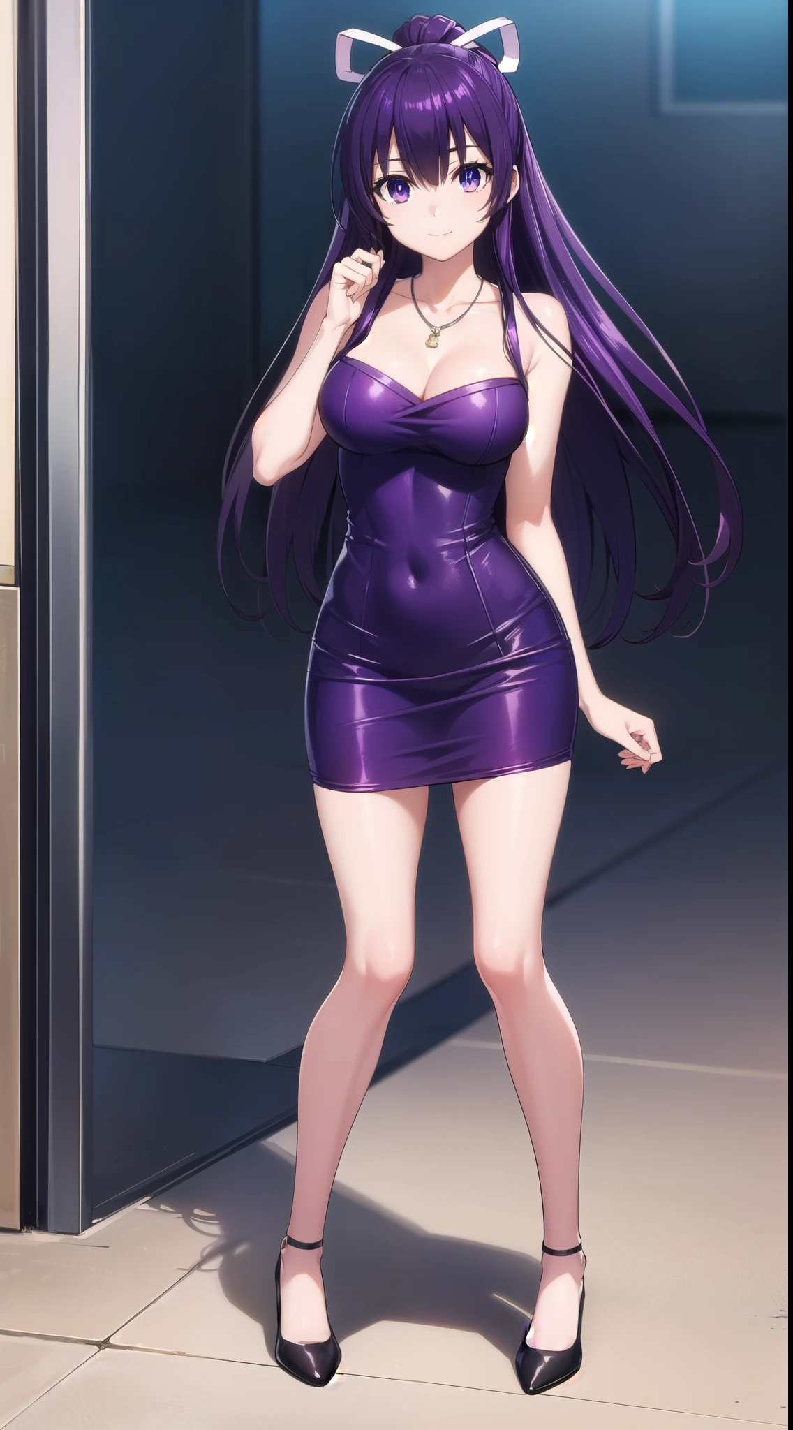 tohkayatogami, tohka yatogami casual, long hair, purple hair, alluringly smile, (thin, mustard colour, long midi dress), Korean fashion, cleavage, tight dress, necklace, (purple eyes:1.1), hair ribbon, ponytail, purple hair, white ribbon, g cup breasts, bewitching thighs,plump butt , low heels 
BREAK ,
BREAK indoors, Night, classy hotel, one person, standing , low heels, white ribbon ,BREAK angle point view ,looking at viewer, beautiful poses, hand on head, confident, full body view, head to toe view, create bit distance , 
BREAK (masterpiece:1.2), best quality, high resolution, unity 8k wallpaper, (illustration:0.8), (beautiful detailed eyes:1.6), extremely detailed face, perfect lighting, extremely detailed CG, darker background, (perfect hands, perfect anatomy),