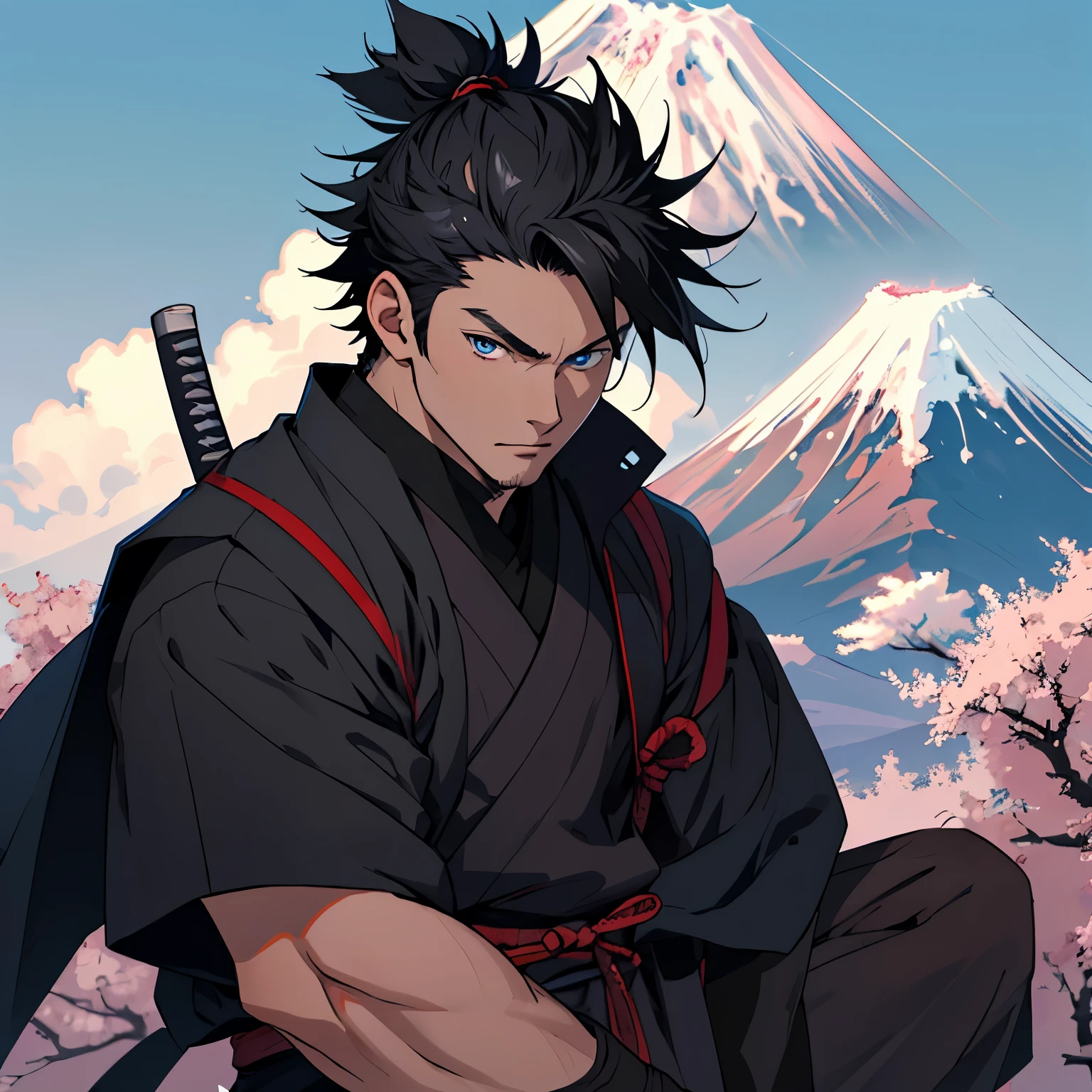 highest quality: 1.0), (ultra high resolution: 1.0), anime boy, short black hair, blue eyes, Sharp Samurai,mount fuji background