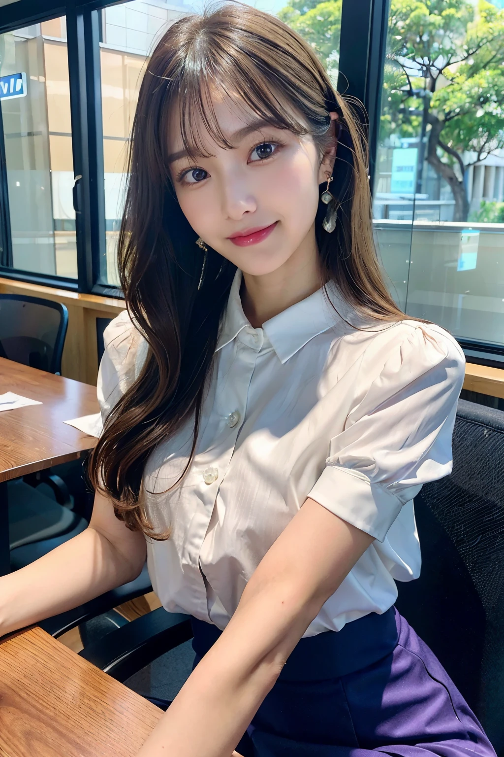 first person view, (table top:1.3), high resolution, very detailed, very detailed CG Unity 8K 배경화면, realistic, realistic, RAW photos, Really detailed face, pale skin, Realistic glowing skin, detailed cloth texture, Detailed hair texture, perfect body, beautiful face, accurate, anatomically correct, very detailed 얼굴과 피부 질감, natural neck length, (beautiful hands air skin:1.2), thin legs, thin feet,
break,
detailed eyes, symmetrical eyes, light brown eyes, double eyelid, thin eyebrows, (shiny lips:1.4), ((smile softly:1.2)), (blush:1.1),
break,
(Classy and cute girl:1.3), (Wear elegant clothes (bright purple) Button shirt:1.2), ((Navy) long skirt with irregular hem:1.2), close the button, (long skirt),
medium chest, (slim body:1.1), strong abs, beautiful collarbone,
(dark blonde hair, wavy hair, long hair:1.2), ((asymmetrical bangs:1.2)),
break,
(Slowly extend one hand diagonally downward.:1.2),
((In a modern office in Japan)), (cowboy shot:1.2), looking at viewer, Look a little below.,