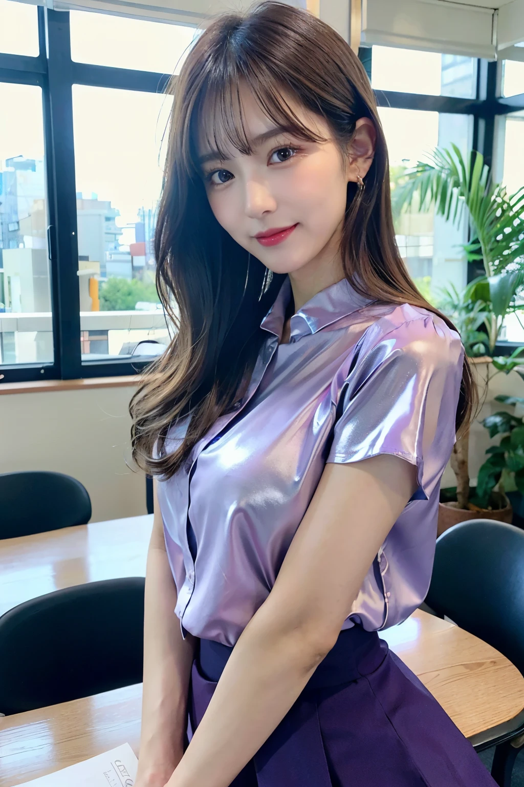 first person view, (table top:1.3), high resolution, very detailed, very detailed CG Unity 8K 배경화면, realistic, realistic, RAW photos, Really detailed face, pale skin, Realistic glowing skin, detailed cloth texture, Detailed hair texture, perfect body, beautiful face, accurate, anatomically correct, very detailed 얼굴과 피부 질감, natural neck length, (beautiful hands air skin:1.2), thin legs, thin feet,
break,
detailed eyes, symmetrical eyes, light brown eyes, double eyelid, thin eyebrows, (shiny lips:1.4), ((smile softly:1.2)), (blush:1.1),
break,
(Classy and cute girl:1.3), (Wear elegant clothes (bright purple) Button shirt:1.2), ((Navy) long skirt with irregular hem:1.2), close the button, (long skirt),
medium chest, (slim body:1.1), strong abs, beautiful collarbone,
(dark blonde hair, wavy hair, long hair:1.2), ((asymmetrical bangs:1.2)),
break,
(Slowly extend one hand diagonally downward.:1.2),
((In a modern office in Japan)), (cowboy shot:1.2), looking at viewer, Look a little below.,