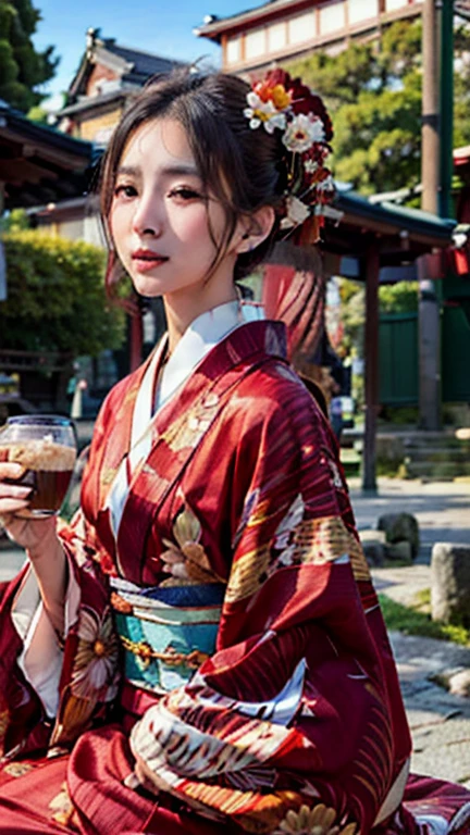 woman in kimono sitting on a bench with a cup of coffee, in kimono, traditional japanese, japanese kimono, wearing kimono, Hanfu, kimono, wearing a haori, wearing a kimono, palace , a girl in Hanfu, traditional geisha costume, classic kimono, elegant yukata, kimono, elegant japanese woman, wearing royal kimono Ukiyo-e