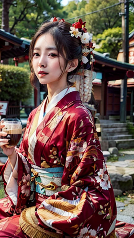 woman in kimono sitting on a bench with a cup of coffee, in kimono, traditional japanese, japanese kimono, wearing kimono, Hanfu, kimono, wearing a haori, wearing a kimono, palace ， a girl in Hanfu, traditional geisha costume, classic kimono, elegant yukata, kimono, elegant japanese woman, wearing royal kimono　Ukiyo-e