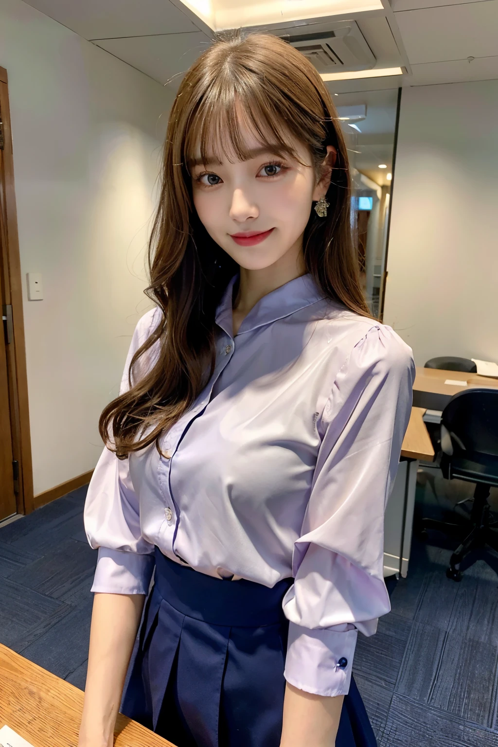 first person view, (table top:1.3), high resolution, very detailed, very detailed CG Unity 8K 배경화면, realistic, realistic, RAW photos, Really detailed face, pale skin, Realistic glowing skin, detailed cloth texture, Detailed hair texture, perfect body, beautiful face, accurate, anatomically correct, very detailed 얼굴과 피부 질감, natural neck length, (beautiful hands air skin:1.2), thin legs, thin feet, 
break, 
detailed eyes, symmetrical eyes, light brown eyes, double eyelid, thin eyebrows, (shiny lips:1.4), ((smile softly:1.2)), (blush:1.1),
break, 
(Classy and cute girl:1.3), (Wear elegant clothes (bright purple) Button shirt:1.2), ((Navy) long skirt with irregular hem:1.2), close the button, (long skirt), 
medium chest, (slim body:1.1), strong abs, beautiful collarbone, 
(dark blonde hair, wavy hair, long hair:1.2), ((asymmetrical bangs:1.2)), 
break, 
(Slowly extend one hand diagonally downward.:1.2), 
((In a modern office in Japan)), (cowboy shot:1.2), looking at viewer, Look a little below.,