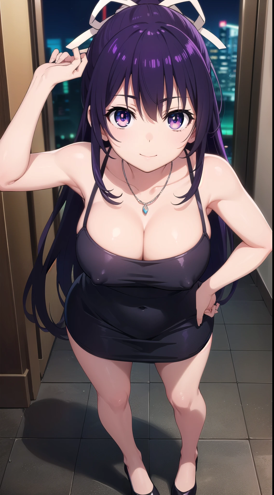 tohkayatogami, tohka yatogami casual, long hair, purple hair, alluringly smile, (thin, pensil dress), Korean fashion, cleavage, tight dress, necklace, (purple eyes:1.1), hair ribbon, ponytail, purple hair, white ribbon, g cup breasts, hard nipples bewitching thighs,plump butt , low heels 
BREAK ,
BREAK indoors, Night, classy hotel, one person, standing , low heels, white ribbon ,BREAK angle point view ,looking at viewer, beautiful poses, hand on head, confident, full body view, head to toe view, create bit distance , 
BREAK (masterpiece:1.2), best quality, high resolution, unity 8k wallpaper, (illustration:0.8), (beautiful detailed eyes:1.6), extremely detailed face, perfect lighting, extremely detailed CG, darker background, (perfect hands, perfect anatomy),