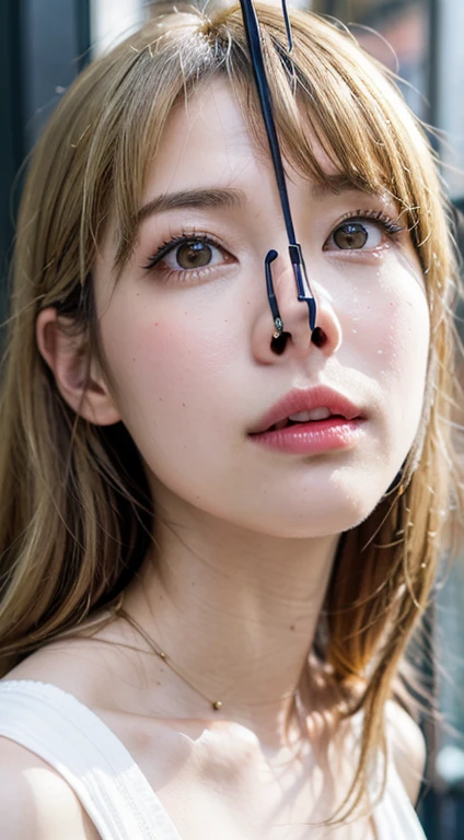 Fashion trendy beautiful and attractive woman, ,(Top quality realistic textured skin:1.4), fine eyes, detailed face, high quality eyes, focus the eyes clearly, nose and mouth,face focus, delicate and sexy clavicle, attractive oval face, double eyelid, Smart peach blossom eyes, pink lips, small nose, bare shoulders, focus on face, close up of face, ultra high resolution, Super detailed, full body photo, Ultra thin and transparent,cinematic lighting,rim light,((Blonde Hair Color))、Completely naked,(nsfw),(((全身Completely naked))),(((((nsfw))))),(((full body shot))),((The nostrils are pointing upwards)),(nostrils are pointing upwards:1.3),(((Nose Hook上に引っ張る:1.2)))