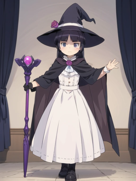 (masterpiece, highest quality:1.1), magician , 1 girl, alone, witch hat, gloves, dress, black costume、((long skirt))、boots, cape, staff, black socks, witch, ((ruri gokou)), anime style,