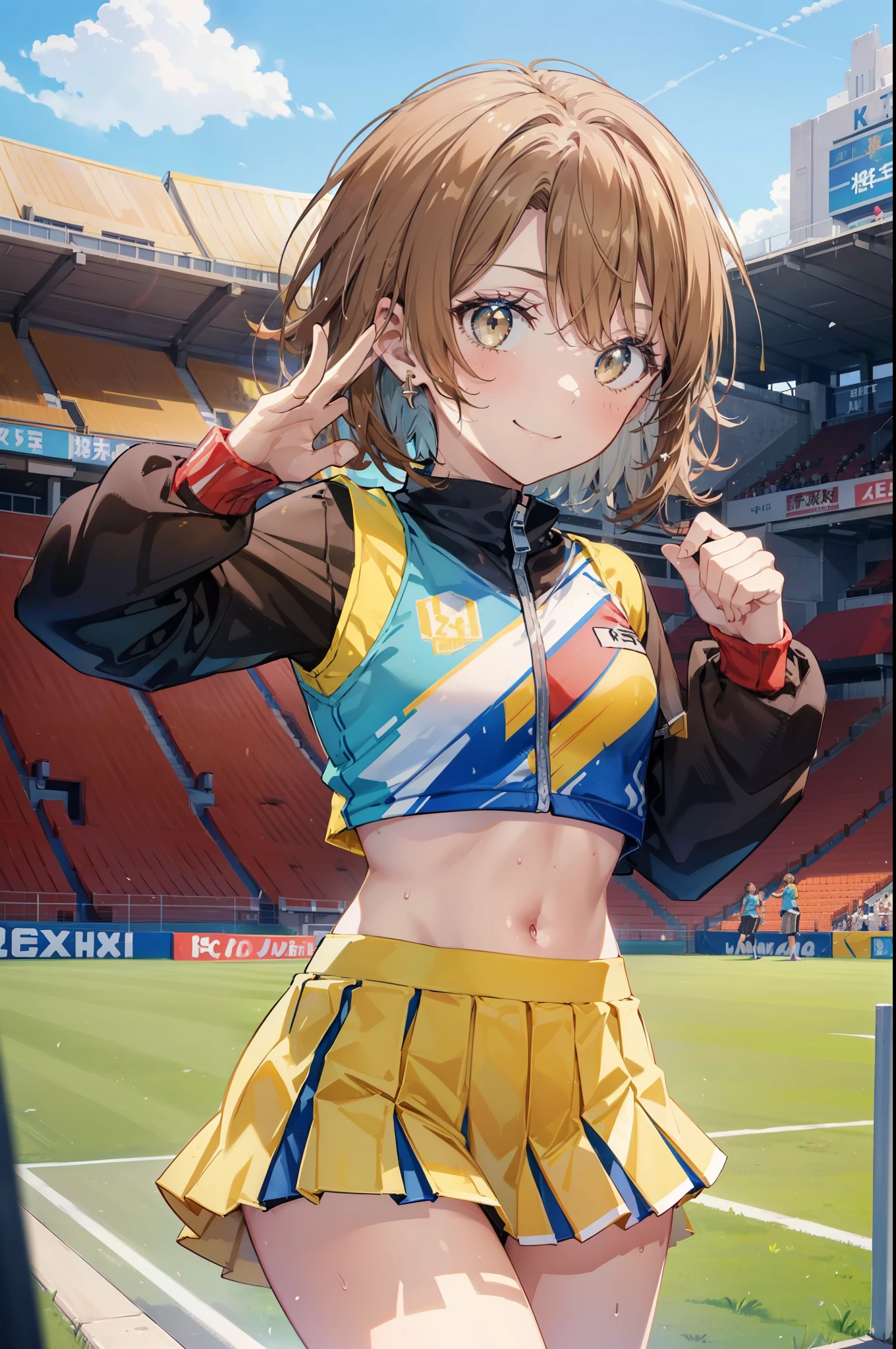 irohaisshiki, iroha isshiki, short hair, brown hair, (brown eyes:1.5), smile,happy smile, smile, open your mouth,(cheer leading), (whole body), medium chest, (sweaty), sweaty Wet Clothes, (yellow clothes),Yellow pleated skirt,sneakers , Navel support, playground, (jump), (jump), 足を曲げてjumpする, air, blue sky, Grass原, smile
チアリーダー, pom pom \(cheer leading\), Grass, smile,
break outdoors,stadium,
break looking at viewer,(cowboy shot:1.5),
break (masterpiece:1.2), highest quality, High resolution, unity 8k wallpaper, (figure:0.8), (detailed and beautiful eyes:1.6), highly detailed face, perfect lighting, Very detailed CG, (perfect hands, perfect anatomy),
