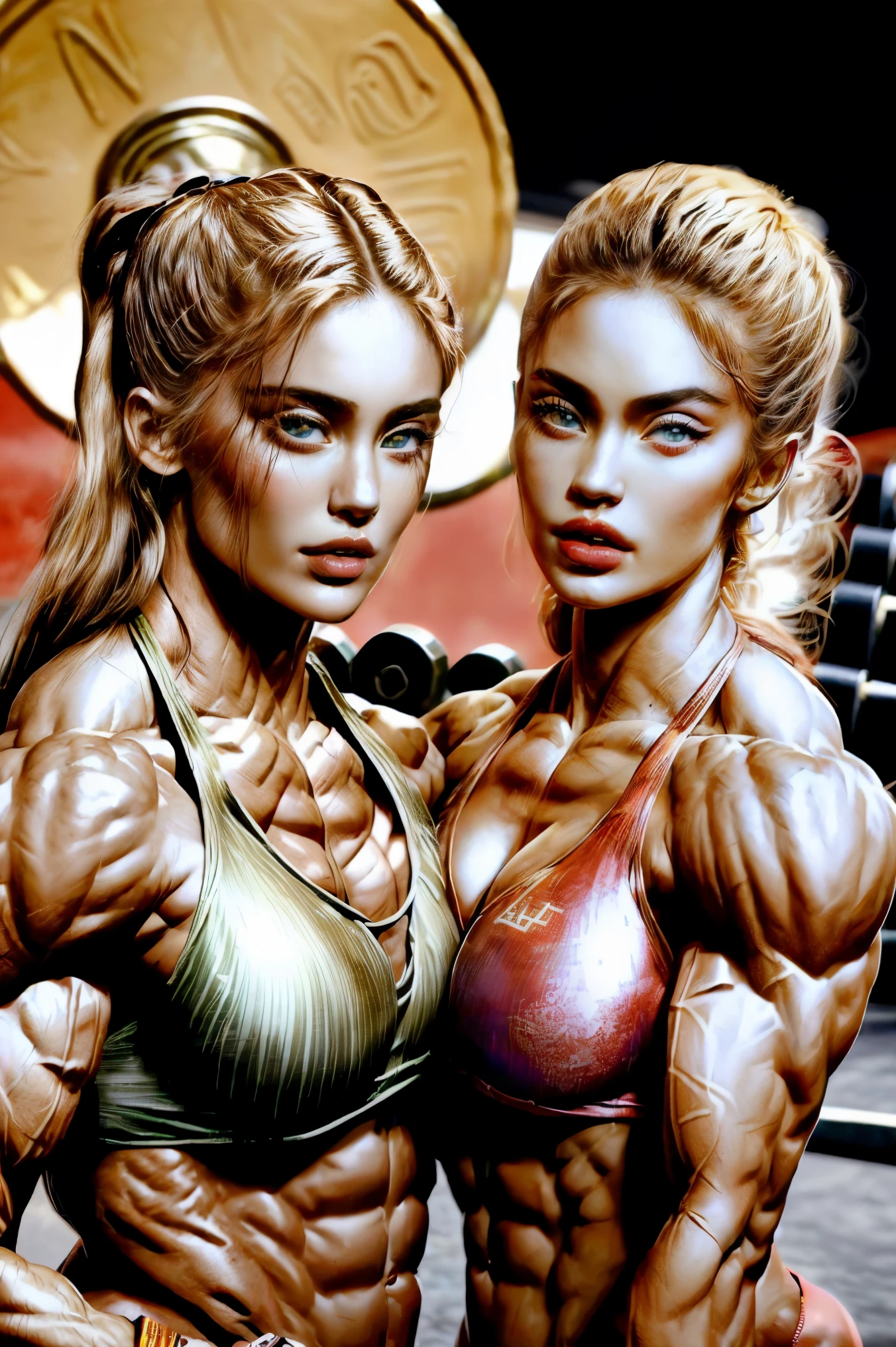 (2 girls body builders:1.6), ((masterpiece)), best quality, ultra-detailed:1.7, finely detail, high resolution:1.6, perfect dynamic composition, beautiful detailed faces:1.77, blonde babes:1.88, perfect pink lipstick, blue eyes, perfect makeup:1.8, short bikini , extra large breasts:1.4, lovely look:1.7, gorgeous face:1.6, defined muscles:1.4, beautiful faces:1.8, alessandra ambrossio, izabel goulart, Kate Upton, Gigi Hadid, candice swanpoel ,popped out dense veins on muscles:1.8, hyper detailed picture:1.4, 8k resolution: 1.7, flex muscles:1.3, hyper muscular body shape:1.42, photorealistic:1.5, realistic:1.6, face masterpiece:1.74, good and professional lighting on picture:1.38, Ukrainian-Moroccan muscle beauty goddess, masterpiece 25 years old Ariana Grande and Megan Fox as bodybuilders, extremely high resolution, hyper feminine beauty , hyper realistic texture , hyper muscularity, hyper vascularity, ripped body shape, ripped sexy ass with bikini, muscular ass , topless, kissing, good face details, hyper face detailing, doing sex, very detailed muscle fibres, sexy french kiss, romantic, romantic moment, serious muscle posing, hard muscular ass, ass muscle fibres, super unique beauty, ginger and blonde barbie face females