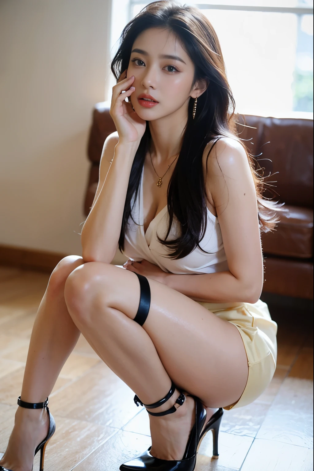 (masterpiece:1.3), (8 thousand, realistic, RAW photos, best quality: 1.4), (1 woman),(sheer silk blouse), (short skirt), (짙은색 realistic 팬티 스타킹), (wearing stockings), (wearing stockings), (High Heels), (High Heels), (very sexy), (full body shot), (Beautiful makeover), (유난히 아름다운 realistic 얼굴), (Build a beautiful body) , (beautiful face), (beautiful face), (long eyelashes), (double eyelid), (big bust) , (Strong body through exercise), (beautiful abs), (Beautiful heaps), (tall), (such a beautiful body), (realistic face), (black hair. parted, long hair:1.3), (아름다운 parted스타일), (realistic eyes), (really beautiful and delicate eyes), (realistic skin), (beautiful skin), (nudity), (absurd), (attractive), (ultra high resolution), (extremely realistic), (very detailed), (golden ratio), (realistic 긴 다리), (realistic 팔), (necklace), (earring),(beautiful nails manicure), (So beautiful and sexy)