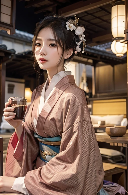 woman in kimono sitting on a bench with a cup of coffee, in kimono, traditional japanese, japanese kimono, wearing kimono, Hanfu, kimono, wearing a haori, wearing a kimono, palace , a girl in Hanfu, traditional geisha costume, classic kimono, elegant yukata, kimono, elegant japanese woman, wearing royal kimono