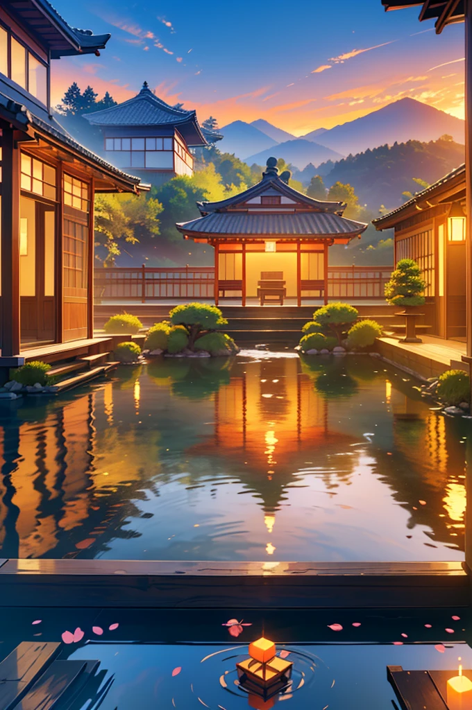 rural Japanese village,orange atmosphere,Japanese orange lanterns,(best quality,4k,8k,highres,masterpiece:1.2),ultra-detailed,(realistic,photorealistic,photo-realistic:1.37),vibrant colors,traditional architecture,serene beauty,natural landscapes,reflections in water,peaceful ambiance,cobblestone paths,tranquil gardens,shimmering lantern light,flickering flames,dreamy sunsets,sliding wooden doors,meticulous craftsmanship,whispering bamboo,quiet streets,majestic mountains,traditional tea houses,geisha in kimonos,cherry blossom trees,tranquil ponds,stone bridges,delicate bonsai trees,traditional clothing,freshly harvested rice fields,solitude and serenity