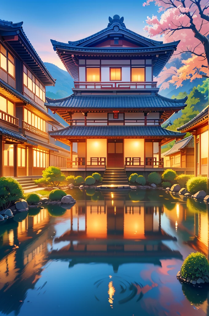 rural Japanese village,orange atmosphere,Japanese orange lanterns,(best quality,4k,8k,highres,masterpiece:1.2),ultra-detailed,(realistic,photorealistic,photo-realistic:1.37),vibrant colors,traditional architecture,serene beauty,natural landscapes,reflections in water,peaceful ambiance,cobblestone paths,tranquil gardens,shimmering lantern light,flickering flames,dreamy sunsets,sliding wooden doors,meticulous craftsmanship,whispering bamboo,quiet streets,majestic mountains,traditional tea houses,geisha in kimonos,cherry blossom trees,tranquil ponds,stone bridges,delicate bonsai trees,traditional clothing,freshly harvested rice fields,solitude and serenity