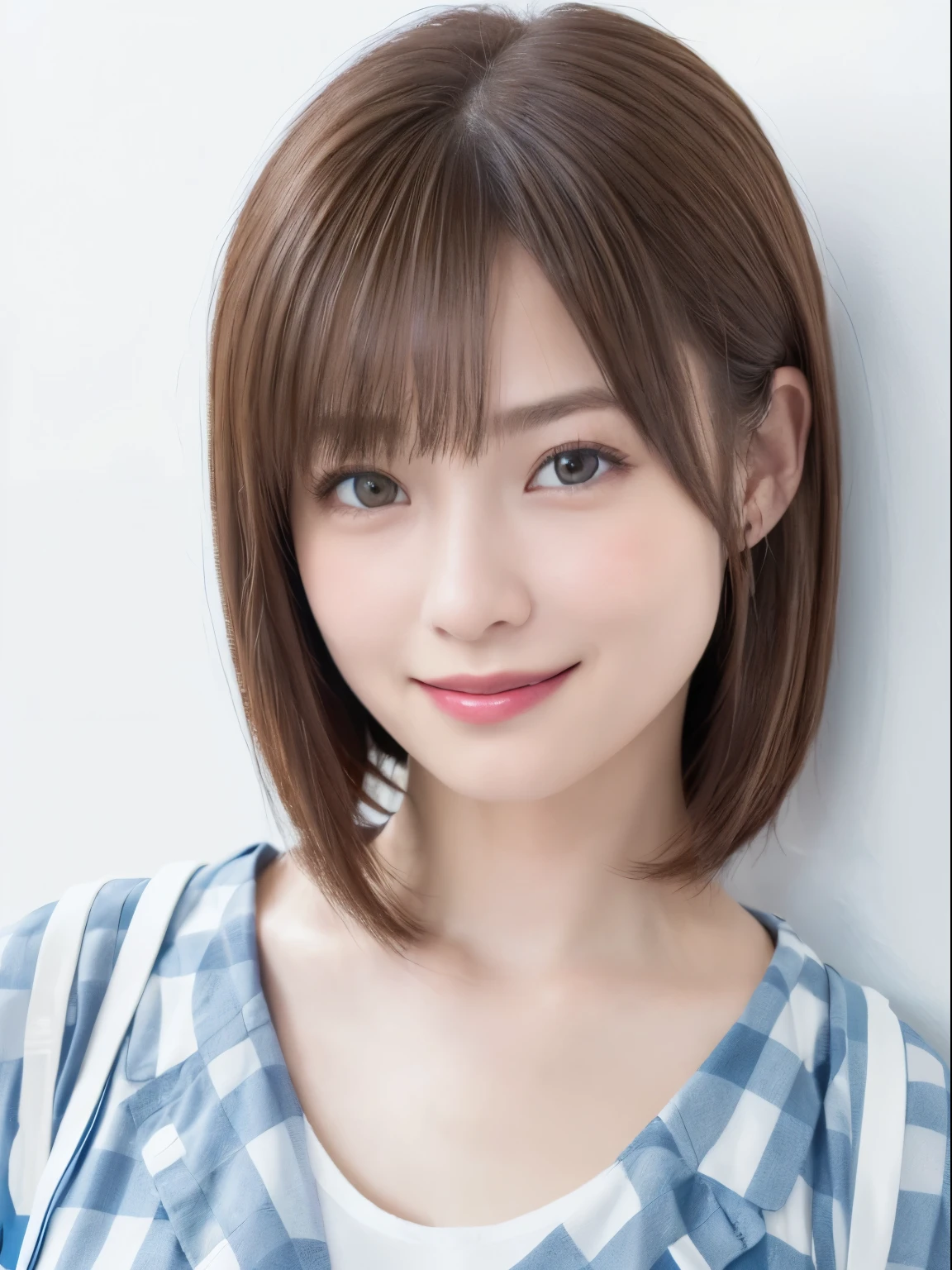 (highest quality、8K、32k、masterpiece、nffsw:1.2)、(RAW photo)、(realistic)、(Photoreal:1.2)、(High resolution)、Super detailedな、very beautiful face and eyes、1 girl、round and small face、Super detailed、(realistic、realistic:1.37)、Bright colors、(((cheeks are flushed)))、(((woman&#39;s face)))、(((He looks like he&#39;s having fun)))、(((light brown hair)))、(((fold your arms in front of your chest)))、(((I&#39;m smiling)))、(((bust shot)))、(((white background)))、((lob hair))、(((pure white wall background)))、(((She is wearing a white and blue checked T-shirt.)))、(((pure white wall background)))、