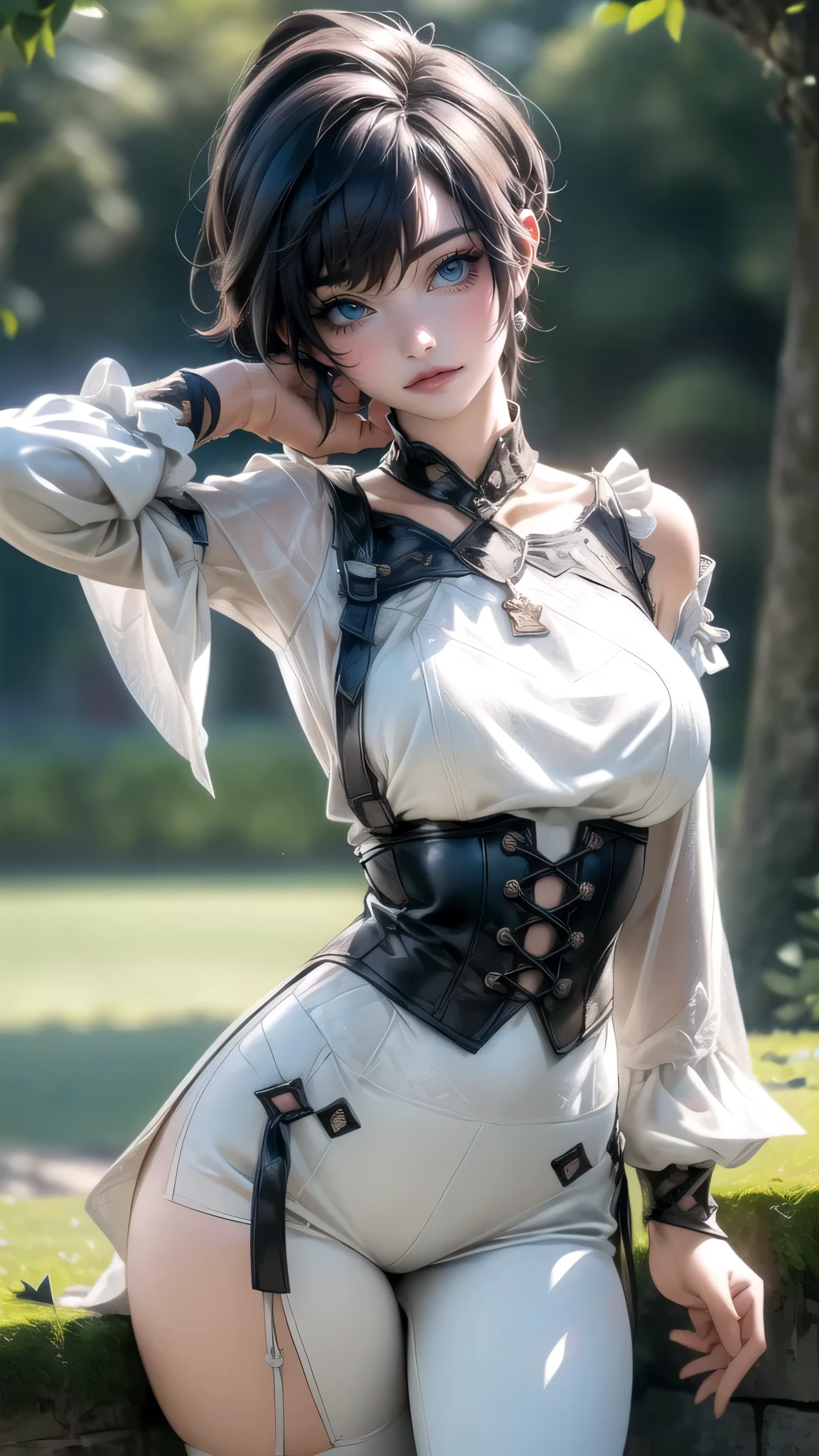 (((masterpiece, of the highest quality, super detailed))), (a female knight of an occult order), Edwardian/Victorian era inspired, ((minimal but intricate beautiful armour)), ((Fluttering lace flared dress with frilly petticoats)), ((((Highly detailed face))), ((ponytail, thick ponytail, heavy ponytail)), (((Very sharp focused eyes))), very long eyelashes, (resolved expression), (resolute expression), small breasts, occult aesthetic, (red and white clothing detailed and intricate steampunk and detailed gothic), (with a hood), (thigh high flared socks), complex lace boots
