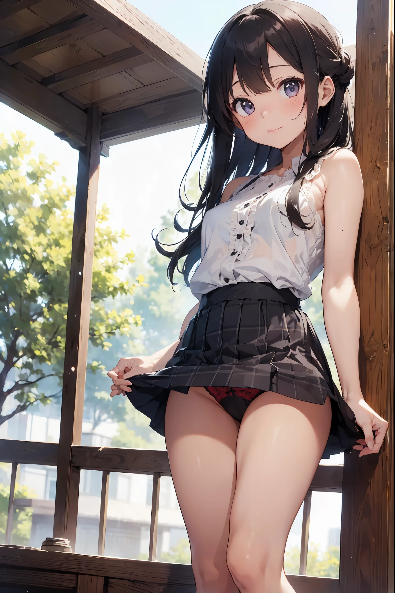 very cute and beautiful girl standing near the window,((((White checked summer dress with fine frills),sleeveless,Fine lace)))),(skirt lift,white panties),(((lift up the skirt、flip up the skirt、You can see a little of my pants)))、 (very detailed美しい顔),grassland,wooden floating cottage, cowboy shot,(smile),blush,looking at the viewer、look return,return、medium hair,black hair,up hair, (highest quality,masterpiece:1.2),confused,High resolution,Super detailed,very detailed,32k,8K resolution, intricate details,movie scene,detailed returnground,alone,dynamic angle, Natural light,particles of light,beautiful detailed sky,perfect hands,look back、slouch、(((Hair tied back)))
