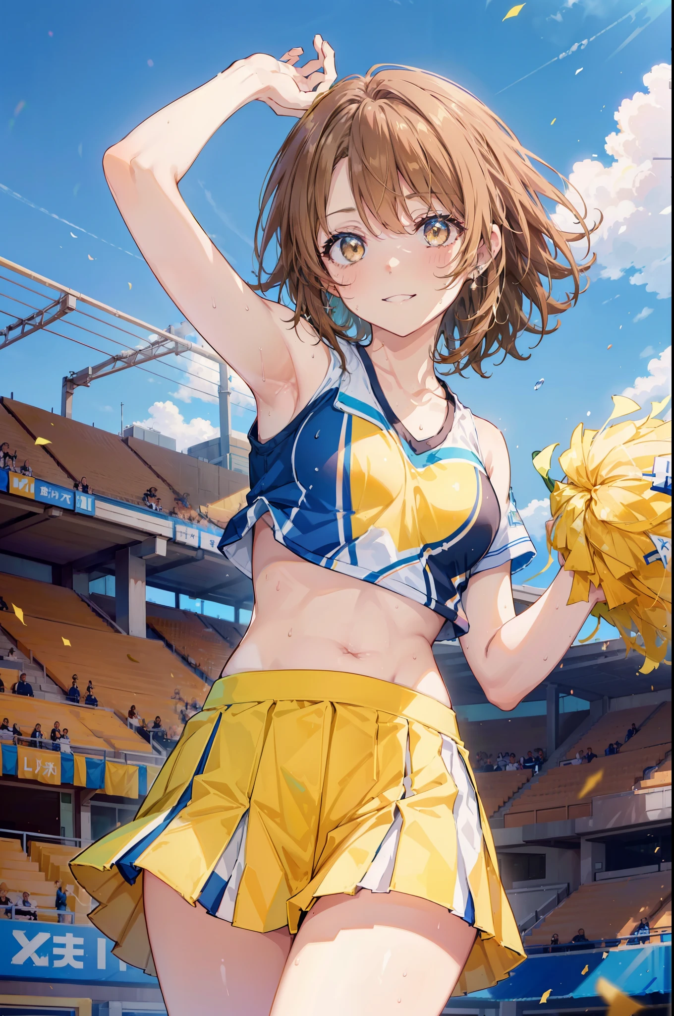 irohaisshiki, iroha isshiki, short hair, brown hair, (brown eyes:1.5), smile,happy smile, smile, open your mouth,(cheer leading), (whole body), medium chest, (sweaty), sweaty Wet Clothes, (yellow clothes),Yellow pleated skirt,sneakers , Navel support, playground, (jump), (jump), 足を曲げてjumpする, air, blue sky, Grass原, smile
チアリーダー, pom pom \(cheer leading\), Grass, smile, 
break outdoors,stadium,
break looking at viewer,(cowboy shot:1.5),
break (masterpiece:1.2), highest quality, High resolution, unity 8k wallpaper, (figure:0.8), (detailed and beautiful eyes:1.6), highly detailed face, perfect lighting, Very detailed CG, (perfect hands, perfect anatomy),