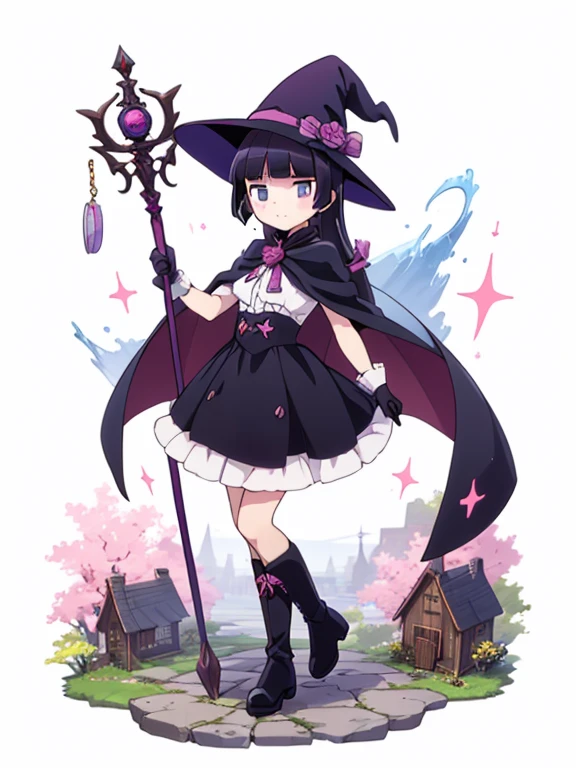 (masterpiece, highest quality:1.1), magician , 1 girl, alone, witch hat, gloves, dress, black costume、((long skirt))、boots, cape, staff, black socks, witch, ((ruri gokou)), anime style,