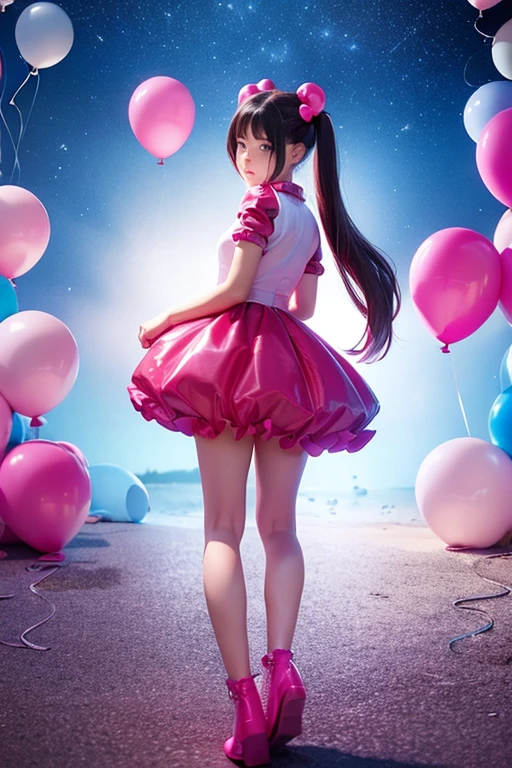 a 12 years old girl, ((having a lot of balloons)) , real photo, (((full body))), (looking back at me), twin tails, pink leather dress