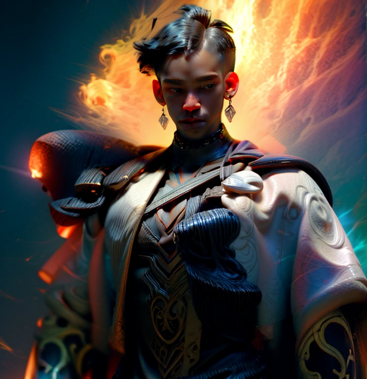 Strong blessed Warrior soul embodiment of peace, love, patience, bravery, courage, compassion, confidence, masculine, cancer zodiac, man, Deep dark Blue hazey aura flowing around body, black man, brown skin, attractive, muscular, warm radiant essence, divine presence, Godly, Divine, grace, high resolution photo, 4k, 8k, high quality, anime, hetero, straight, dark Caesar haircut