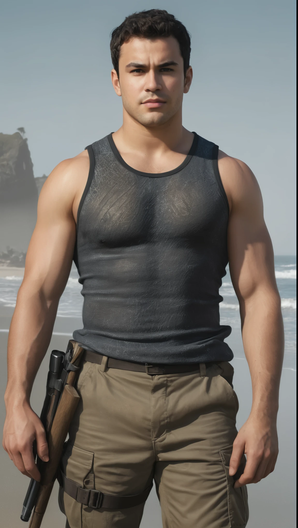 An illustrated movie poster, hand-drawn, full color, a solider, male, 25 years-old, wearing a tank top and tactical pants, resembles Gavin Leatherwood, sun-tanned skin, chubby face, average height, broad shoulders, soft belly, slightly overweight, deep brown eyes, wide bulbous nose, black hair, curly hair, thick bushy eyebrows, extremely hairy chest, stomach, and arms, lots of body hair, posing on a foggy beach, hard shadows, graphite shading, stencil markings, airbrushed acrylic paint, masterpiece, in the style of Skyrim
