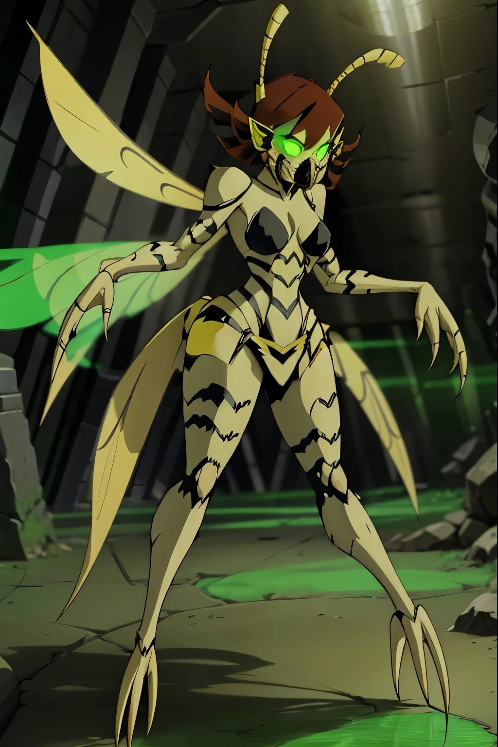 image of gamma mutant wasp,mutant wasp,Earth's Mightiest Heroes,medium breasts,black breasts,black stripes, pussy,large slightly  yellow transparent insect wings,long claws,{yellow chitin skin},, green eyes,{{{brown and red hair}}},{{medium hair}},green mist,{{{1 pair of large thick mandibles}}},open mandibles,{{sideways opening mandibles}},antennae,insect antennae,,{{{high detailed mutant wasp head}}},8k,ultra high definition,,solo,1girl,radioactive mist,long claws on arms,extrem thin waist,{{{{{{{gamma mutant wasps  clawed hands}}}}}}}},dark grey hallway,stone walls,salivating,blue saliva,slim,{{masterpiece}},back wings,{{{gamma mutant wasps feet}}},smooth walls,open mandibles,{{{{high detail pair of mandibles}}}},