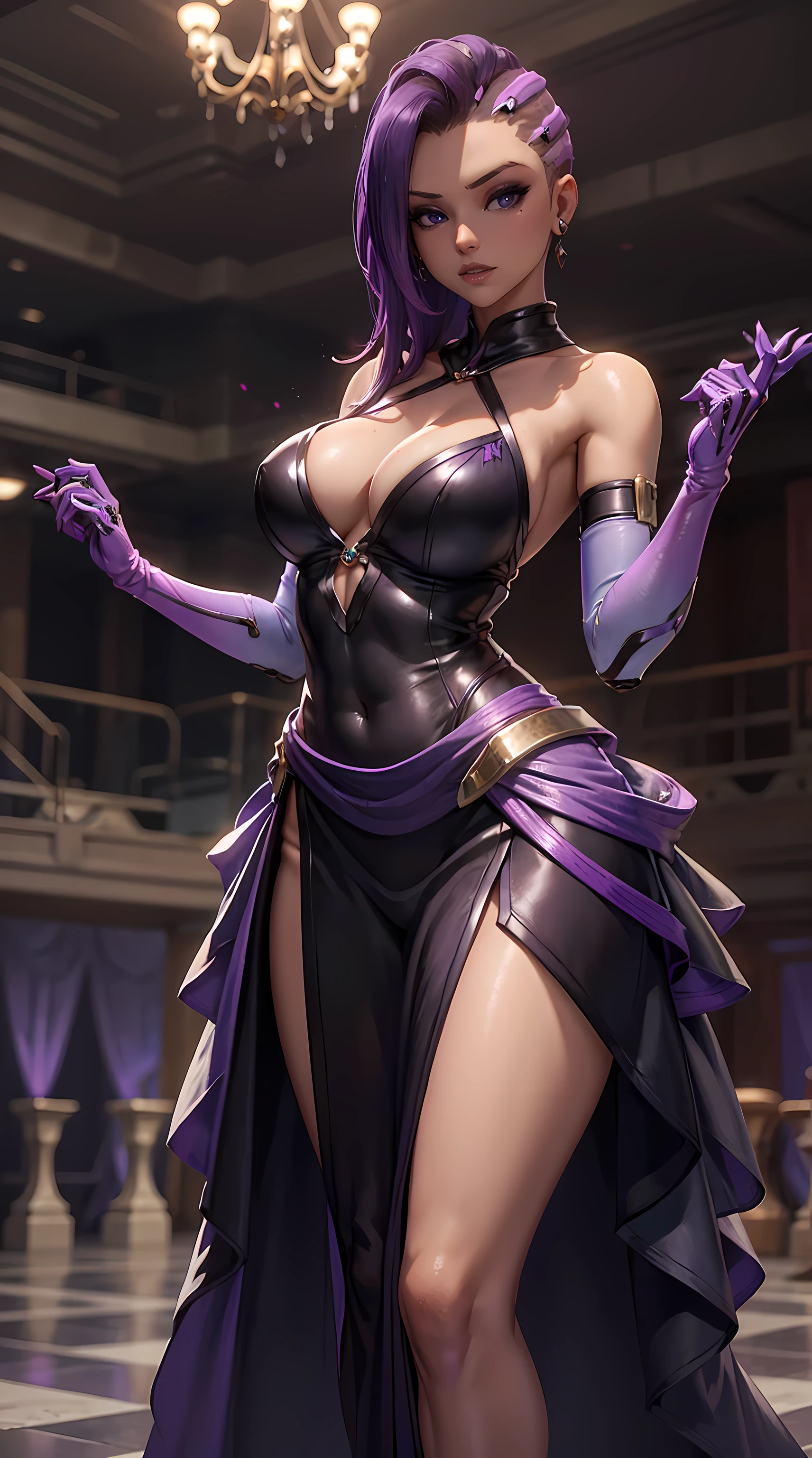 Beautiful purple hair woman is shown to have a slender figure, she is wearing a beautiful sexy dress, jewelry, purple eyes, girl standing in a gala ballroom, sexy session, putting her hands on her waist, poseing, exposed cleavage, cowboy shot, superior quality, many details, realistic