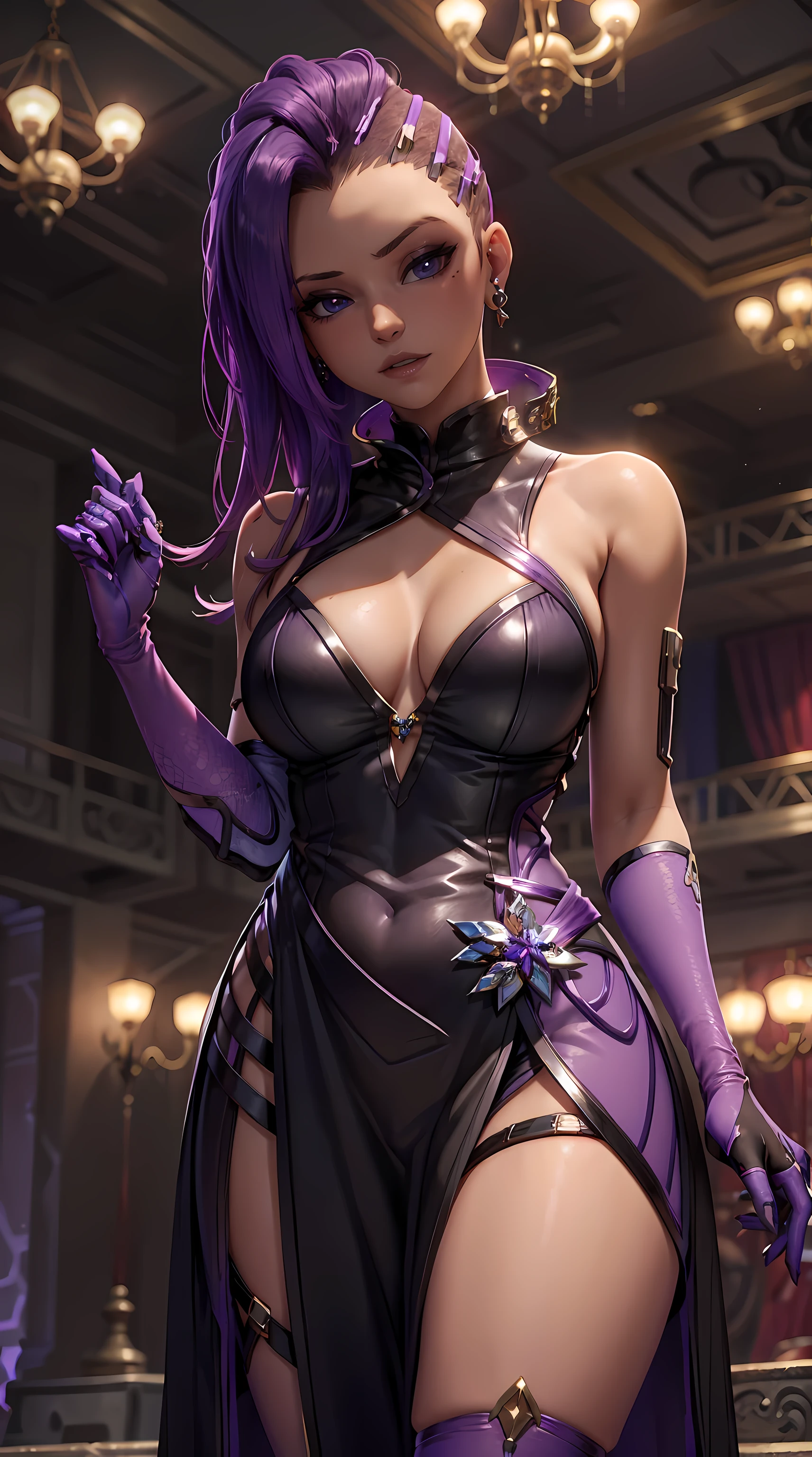 Beautiful purple hair woman is shown to have a slender figure, she is wearing a beautiful sexy dress, jewelry, purple eyes, girl standing in a gala ballroom, sexy session, putting her hands on her waist, poseing, exposed cleavage, cowboy shot, superior quality, many details, realistic