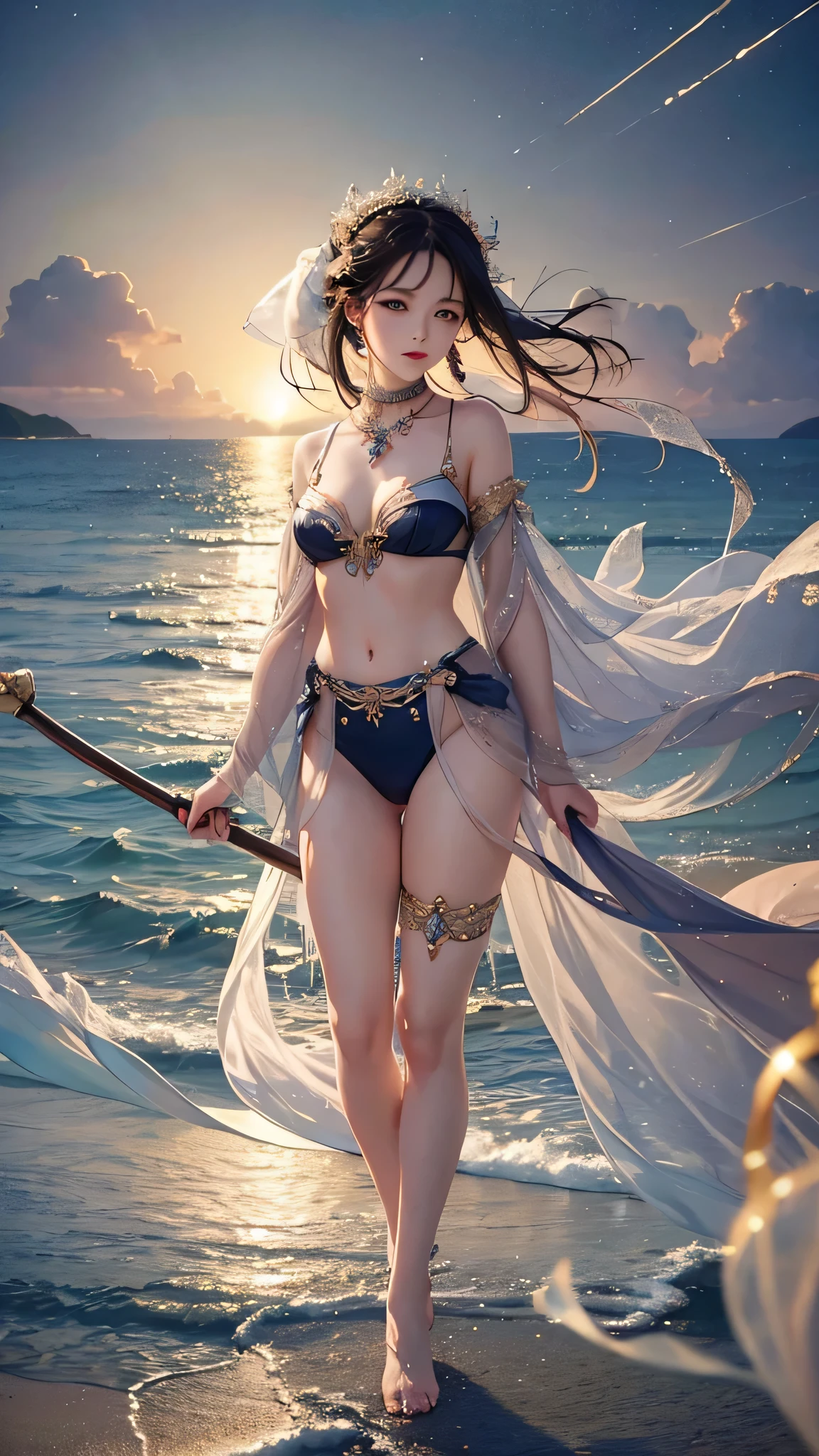 (Close-up:1.4)、(RAW photo:1.2)、(photorealistic:1.4)、(masterpiece:1.3)、(highest quality:1.ung japanese woman、(night scenery:1.4)、thin clothes、Very beautiful lovely most beautiful girl、Put one foot in the sea、standing on tiptoe、pretty girl、Landscape、Between the horizon and the sea、view from the side、Ripples spreading from the toes、Standing about 20 meters away、on the sea、The whole scene shineeteors、illumination、