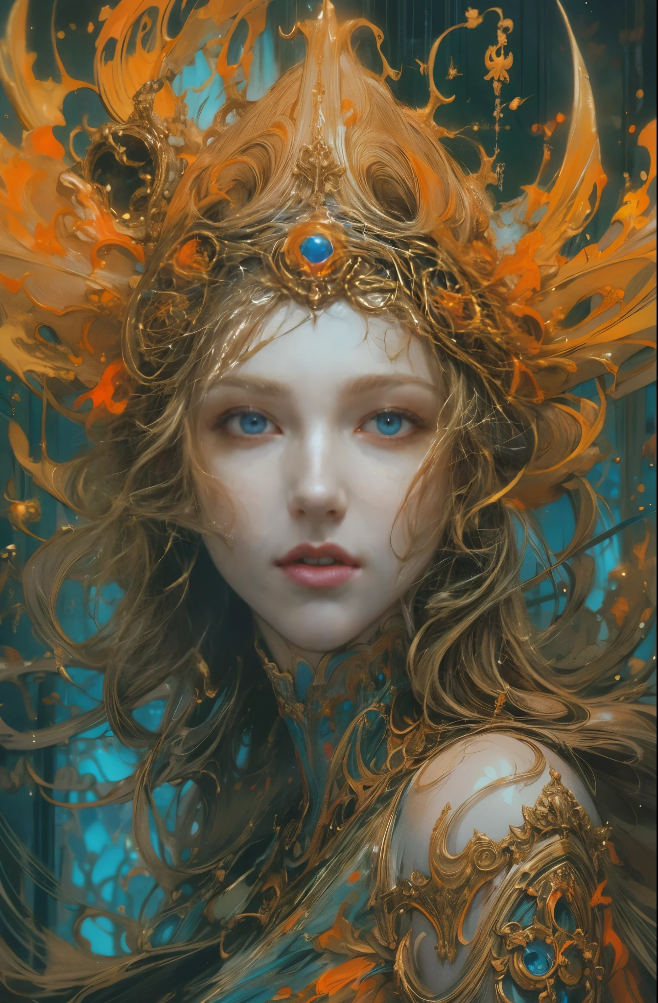 orange tone, spirit of flame, burning flame, Scorching Magma,goddess of fire, Raging flames, Raging flames, Goddess of Wrath, 4K fantasy art, Written by Gene Jay., fantasy art style, 2. 5D CGI Anime Fantasy Artwork, epic fantasy art style hd, Epic fantasy digital art style, detailed fantasy art, Detailed digital 2D fantasy art, Luan Jia and Artgerm, 8K fantasy art, sharp outline, very fine and beautiful eyes, Beautiful and delicate blue eyes, pretty much beautiful face, unparalleled beauty, masterpiece, highest quality, perfect angle, perfect composition, best shot, official art, cinematic light, very beautiful and fantastic scenery, chivalry dream, sense of presence, Michael&#39;S letter, Christoph Huge 、Ultra-precision coating, Luminousism, art by Carne Griffiths and What a bone concept art, 4K resolution, Fractal isometricdetailed bioluminescence , 3D rendering, octane rendering, intricately detailed , cinematic, Trending isometric surreal cover photos、art station&#39;amazing full color, handwritten, Defining a hit , cinematic,amazing background, abstract beauty,stand, approaching perfection, pure form, golden ratio, minimalistic, unfinished, concept art, Written by Brian Froud、khan griffith、What a bone、john william waterhouse, intricate details, 8K post production, High resolution, hyper detail, art stationのトレンド, studio photography, intricate details, Extremely delicate and detailed painting style, Beautiful painting art, greg latkowski, close, women only