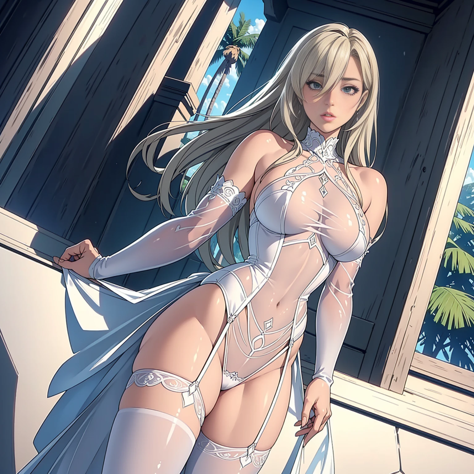 illustration, an extremely delicate and beautiful, Amazing, finely detail, official art, extremely detailed CG unity 8k wallpaper, absurdres, incredibly absurdres, huge filesize, ultra-detailed, highres, seriously, (extremely beautiful detailed eyes and face):1.5, cinematic lighting, ((best quality)), ((masterpiece)), (see through:1.5), professional artwork, famous artwork, muscular abs, wide hips, large breasts, leotard, beautiful detailed gorgeous full-body angle, masterpiece, highres, hmeliza, hair over one eye, jewelry, white tights highs, white leotard, bridal gauntlets, turtleneck, elbow gloves, leaning against a large palm tree on a clear and windy day, hair thrown to the wind, shamefaced, (very tight white bodyswit detailing breasts and shaved pussy), ((((only 1 Elisabeth Liones)))):2.