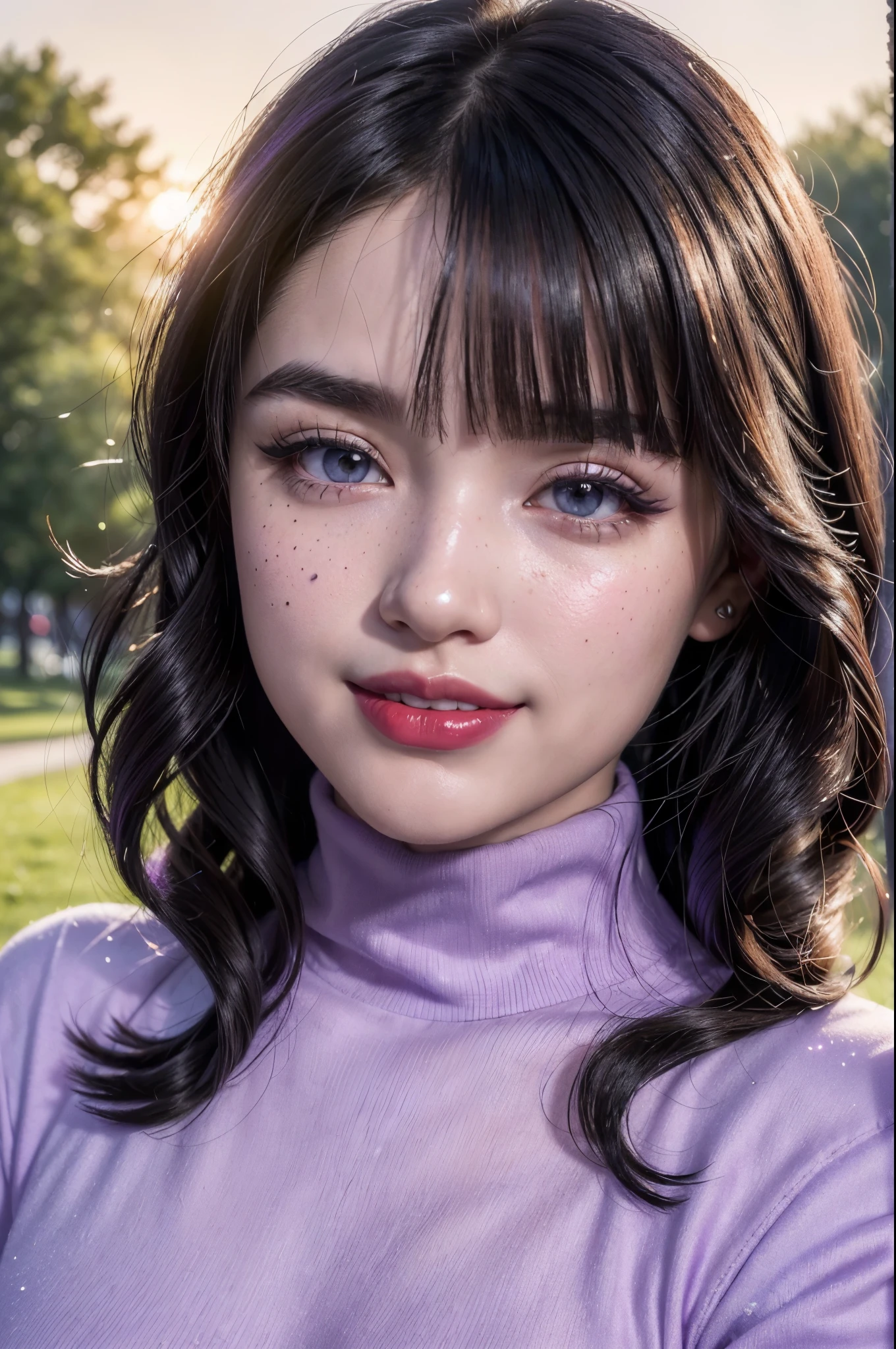 Beautiful young asian teen, 16 years old, solo, gothic style, pale white skin, (bright skin:1.3), delicate face, sharp features, short hair, (((bangs))), (((short wavy dark black hair))), (((super dark black hair))), (((light violet sparkly eyes))), (((sharp almond eyes))), double eyelids, (((super long and thick eyelashes))), thick dark eyebrows, small nose, (((lifed breasts through shirt's fabric))), pointy nose, big mouth, (((full red lips))), deeply blushing, cheek freckles, cute, (((smiling softly))), earring, (((wearing a turtleneck purple shirt))), (((date in the park setting))), Soft sunlight, realistic light and shadows. detailed, (highres:1.2), (enchanced quality:1.4), (Top quality true texture skin), vivid colors, colorful, ultrahigh res, octane render unreal engine, volumetrics dtx, (sunset), (photorealistic:1.4), UHD, sharp focus, hyperrealistic, high quality, 16k.