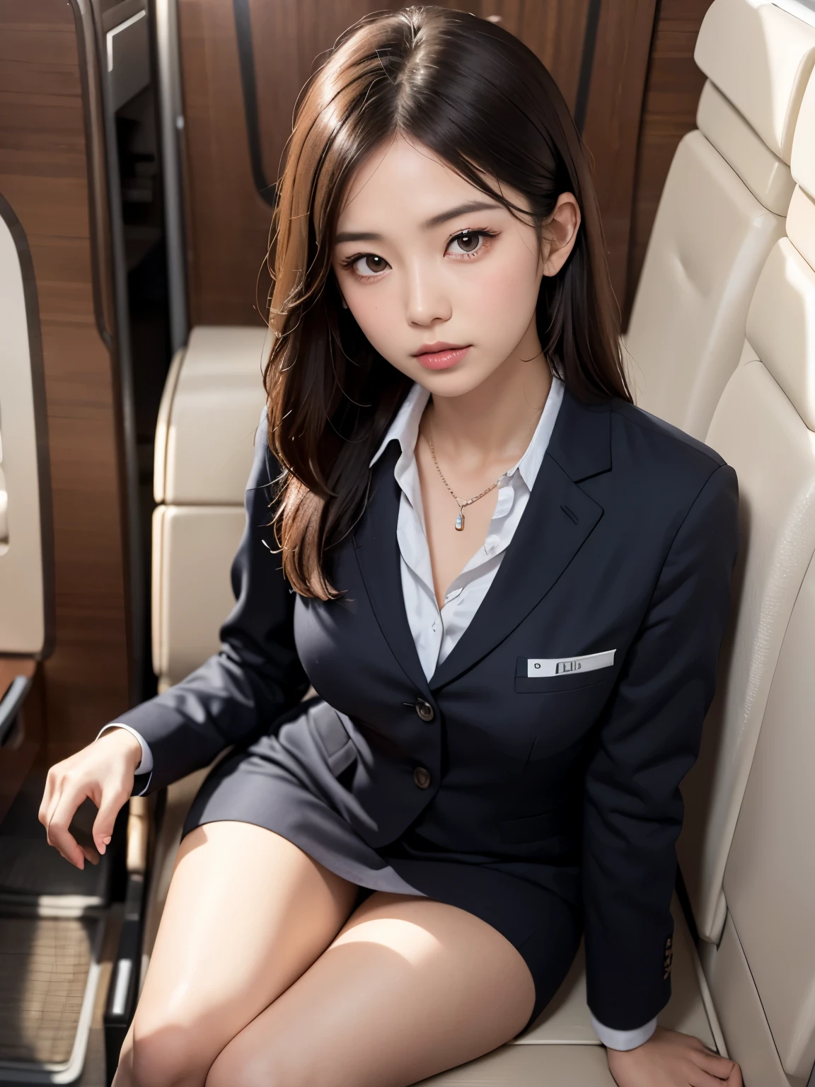 (professional portrait、professional writing)、highest quality, (anatomically correct arm:1.3), Detailed workmanship、(high resolution:1.1)、(8K, High resolution:1.2)、(RAW photo, photorealistic:1.3)、slender body shape、high definition face、(Face is in focus、high definition eyes)、(Focused, symmetrical pupils:1.2)、High-definition and beautiful skin、firm skin、natural makeup、gross lip, High-definition hair texture, japanese woman, 18-year-old、cabin attendant, Stewardess break (japan air line uniform) break uniform front open, Inside the airplane、sitting on the floor、(I put my hands on my chest:1.3), (afraid:1.2)、(She is glaring at the camera with her eyes looking up.:1.3), color々Easy shooting angle:1.3, small breast, cleavage, very embarrassed, blush